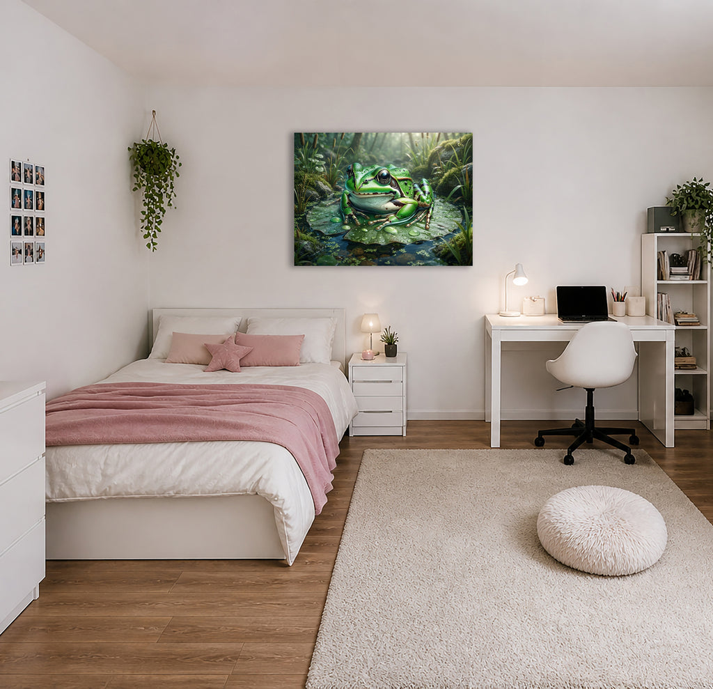 Wandbild Frosch Seerosenblatt Wassertropfen Schilf Waldlicht Kunstdruck auf Leinwand