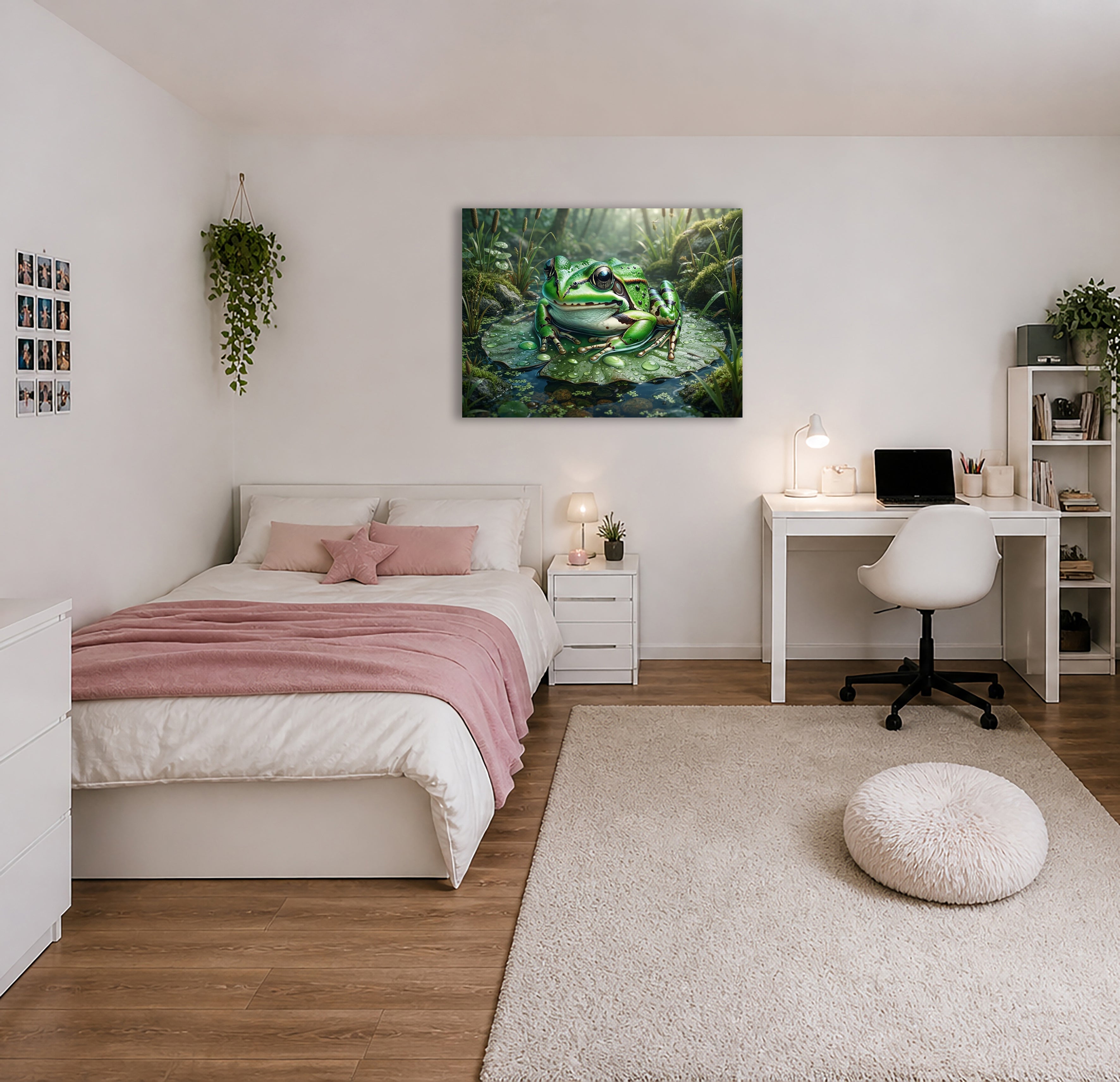 Wandbild Frosch Seerosenblatt Wassertropfen Schilf Waldlicht Kunstdruck auf Leinwand