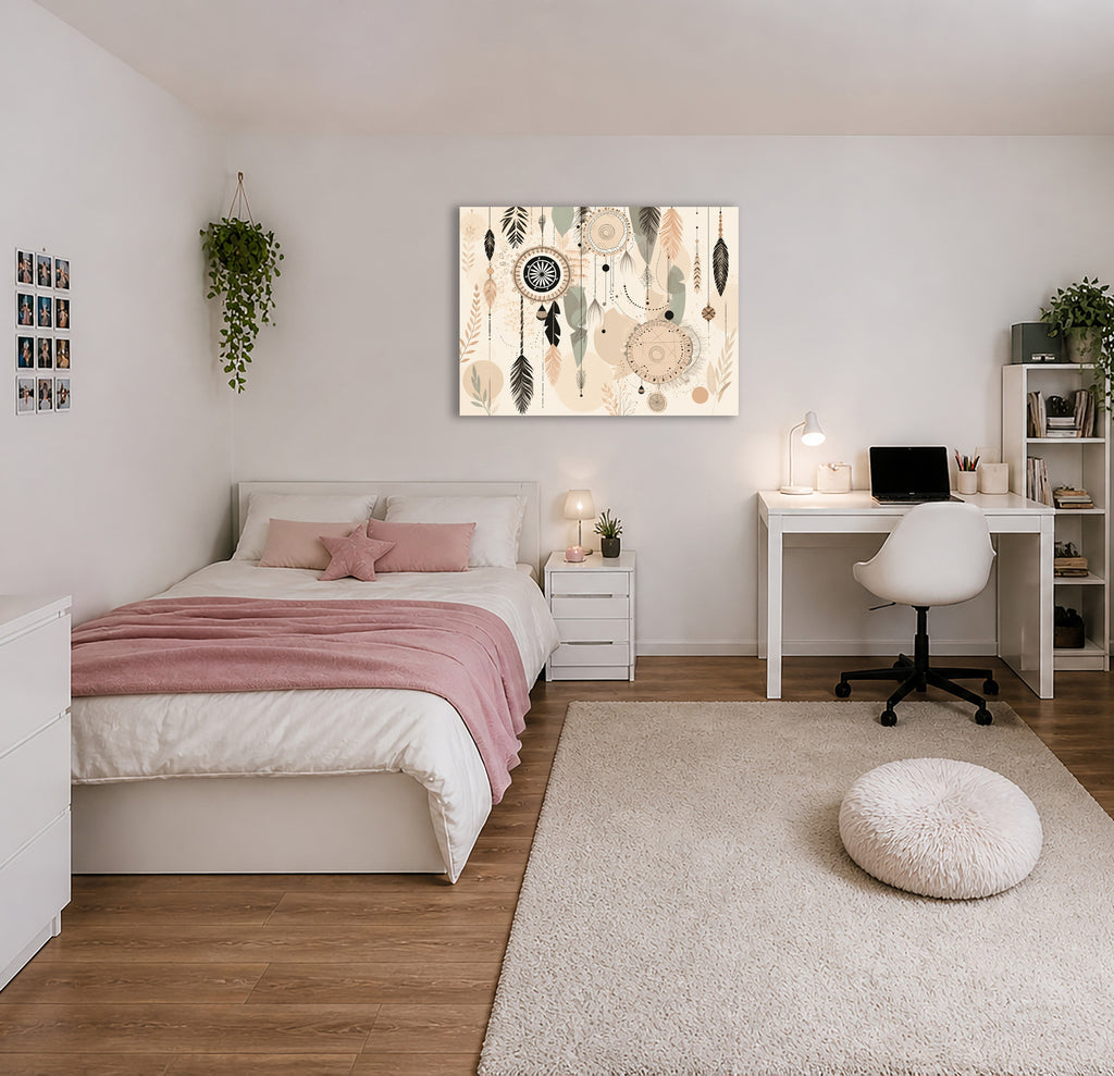 Wandbild Boho Art Traumfänger Federn Perlen Beige Schwarz Aquarell Illustrationsstil Kunstdruck auf Leinwand