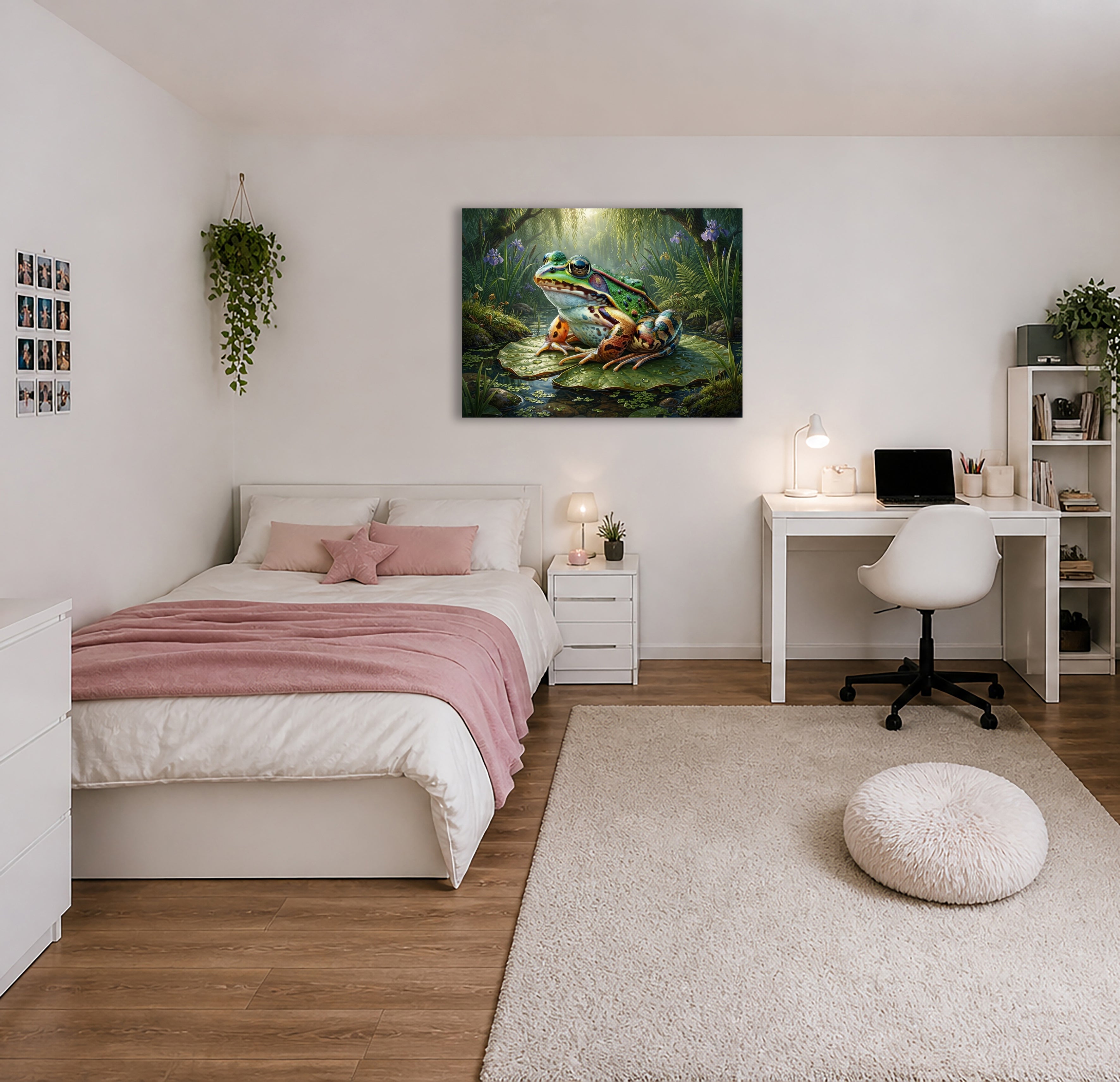 Wandbild Frosch Seerosenblatt Lila Iris Weidenzweige Gegenlicht Kunstdruck auf Leinwand