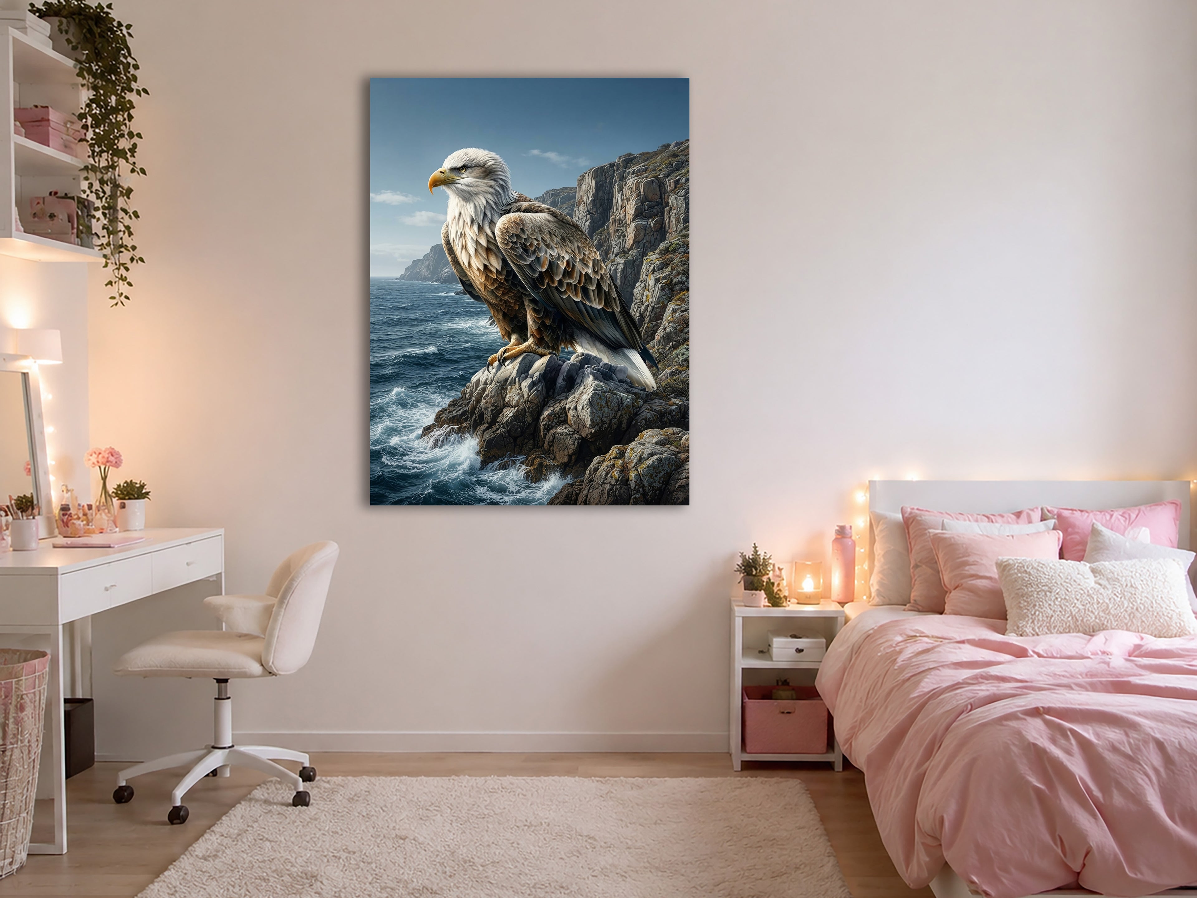 Wandbild Adler Sitzend Steilküste Klippen Meer Illustrationsstil Kunstdruck auf Leinwand