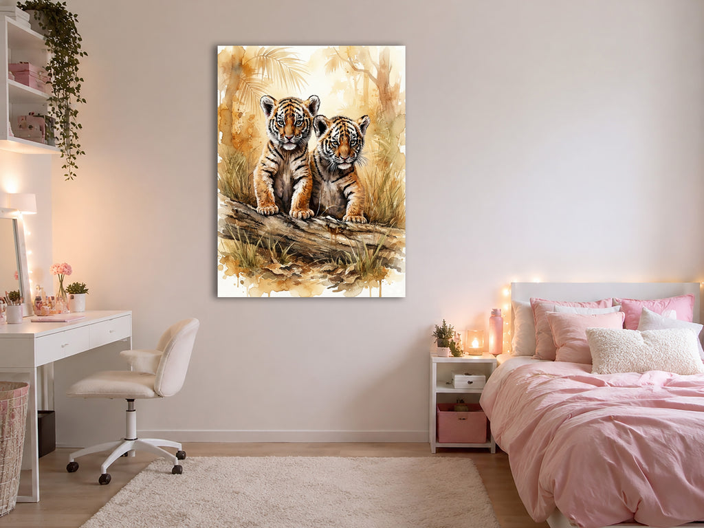 Wandbild Tiger Zwei Junge Baumstamm Aquarell Kunstdruck auf Leinwand