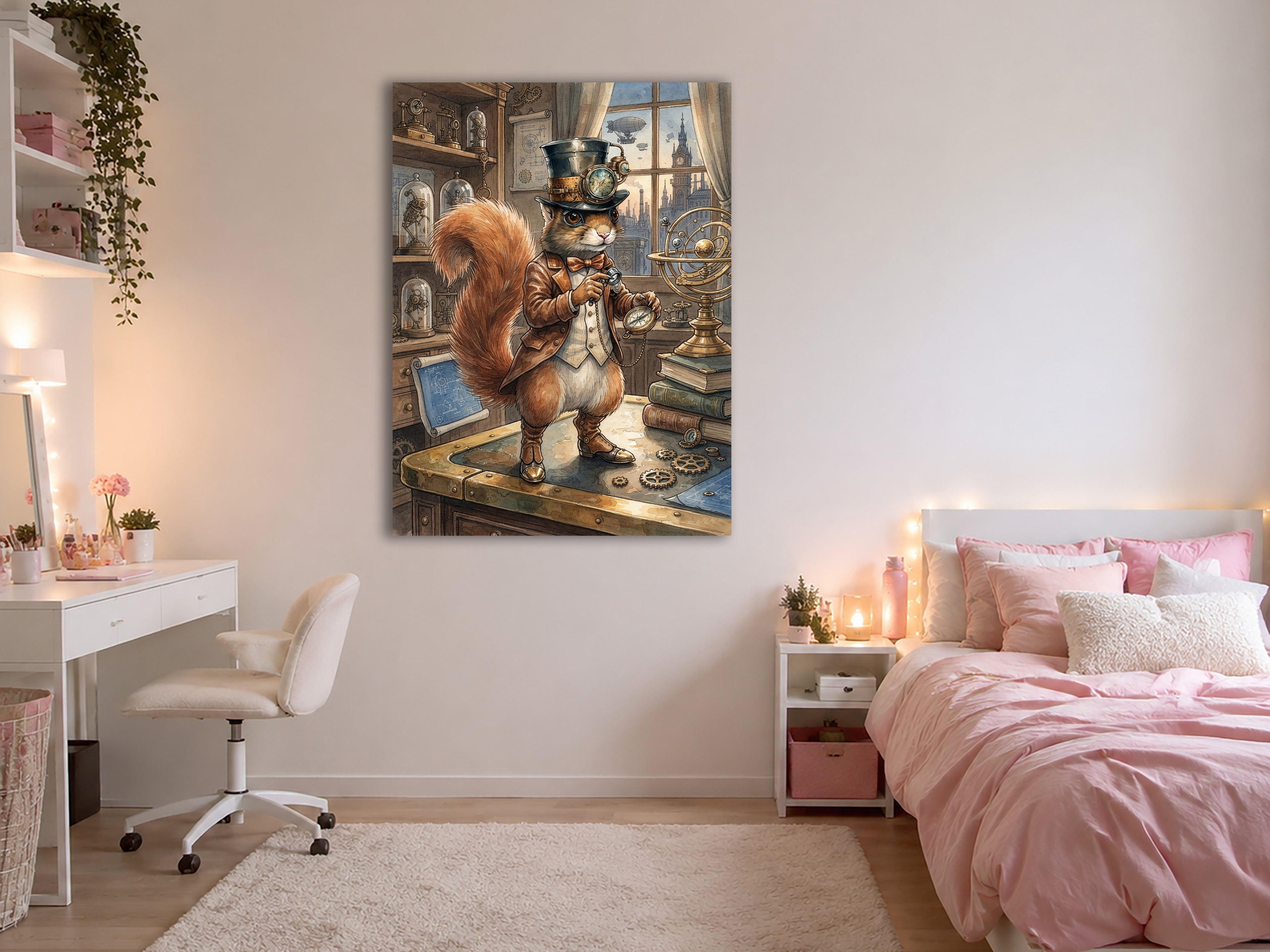 Wandbild Eichhörnchen Steampunk Entdecker Taschenuhr London Kunstdruck auf Leinwand