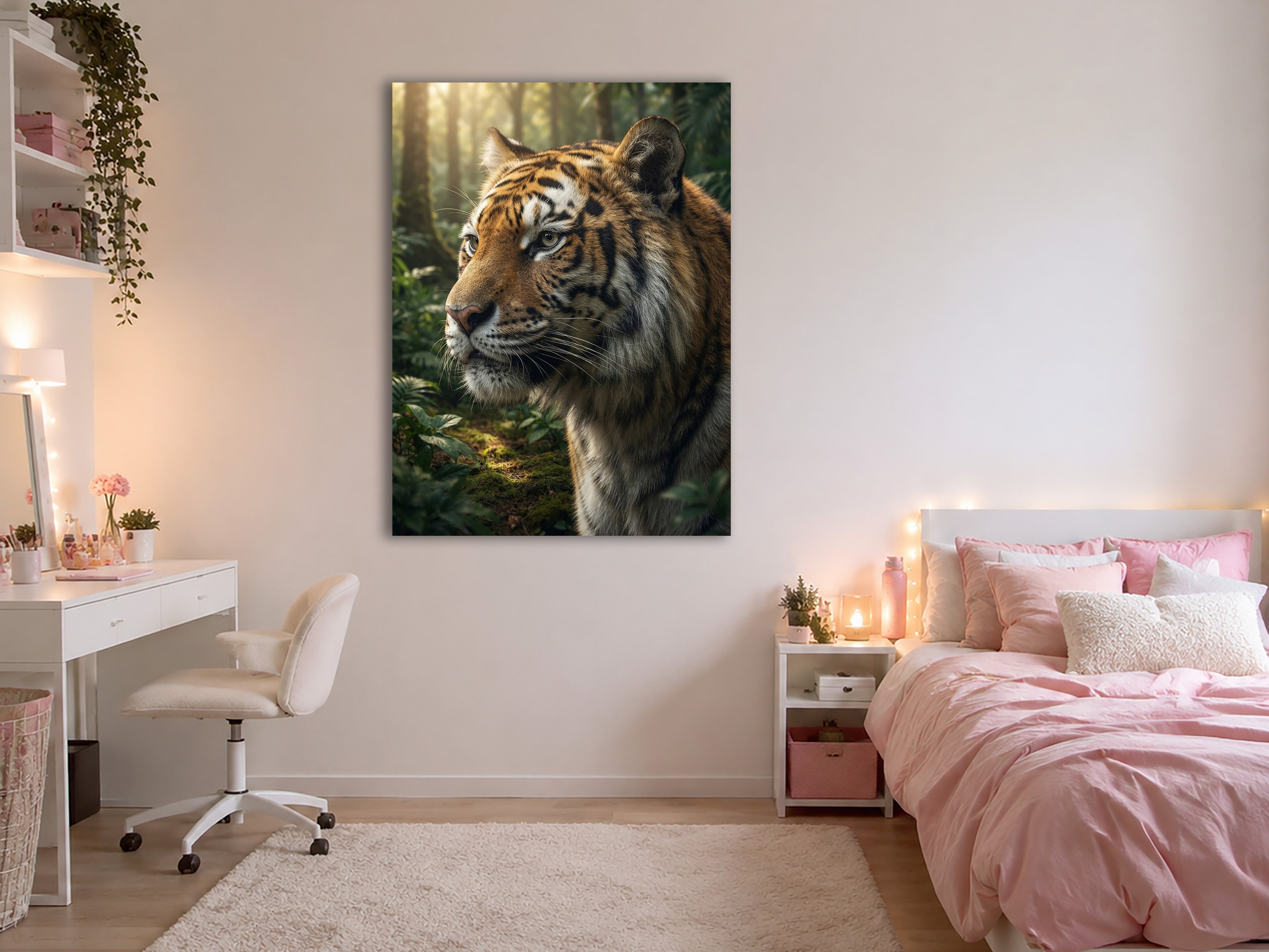 Wandbild Tiger Nahaufnahme Seitenprofil Seitenblick Dschungel Sonnenlicht Kunstdruck auf Leinwand