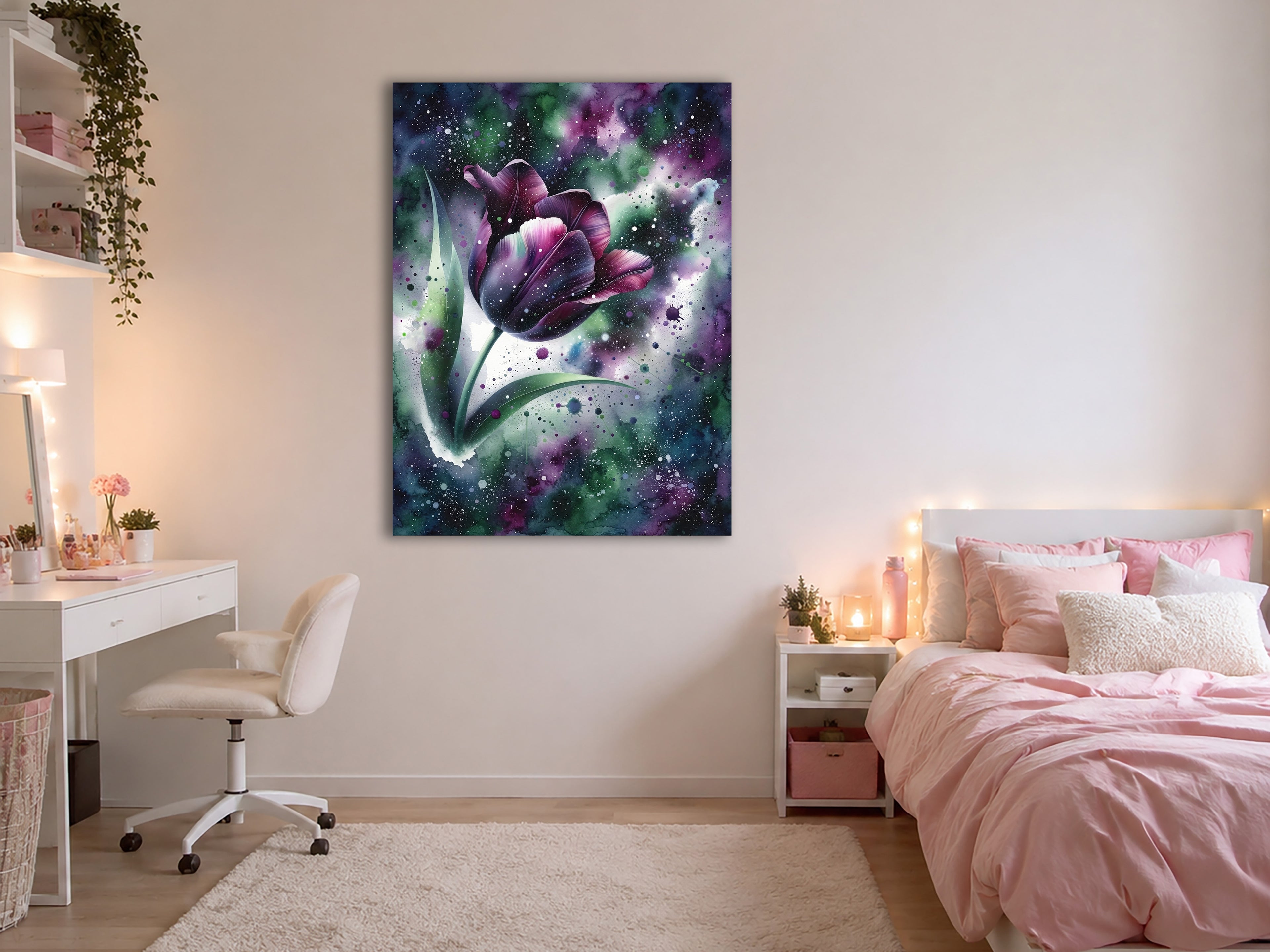 Wandbild Tulpe Aquarell Dunkelviolett Galaxie Grün Sternennebel Kunstdruck auf Leinwand