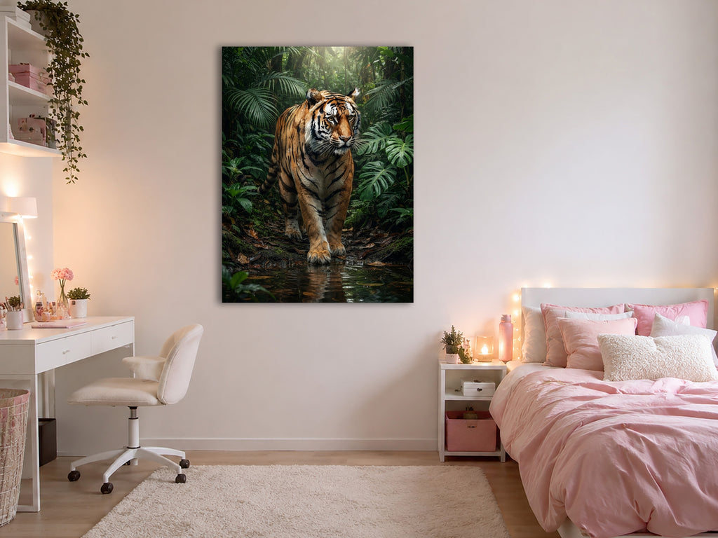 Wandbild Tiger Regenwald Frontal Wasserpfütze Dschungel Kunstdruck auf Leinwand