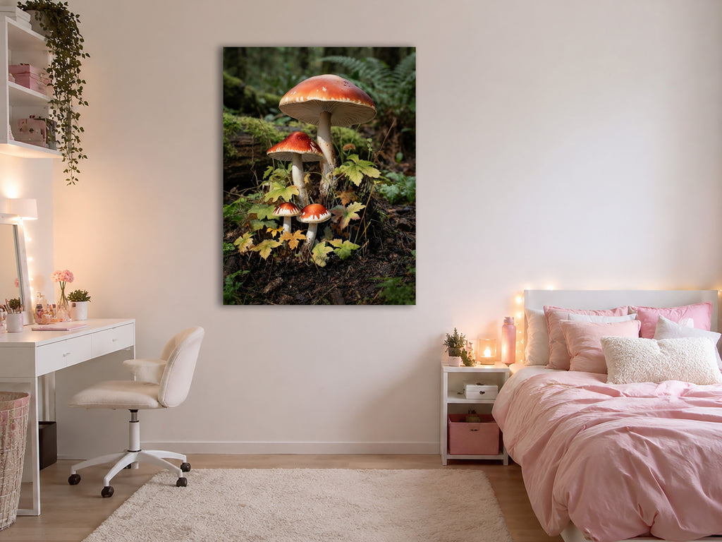 Wandbild Waldpilz Vier Pilze Herbstlaub Farne Waldboden Kunstdruck auf Leinwand