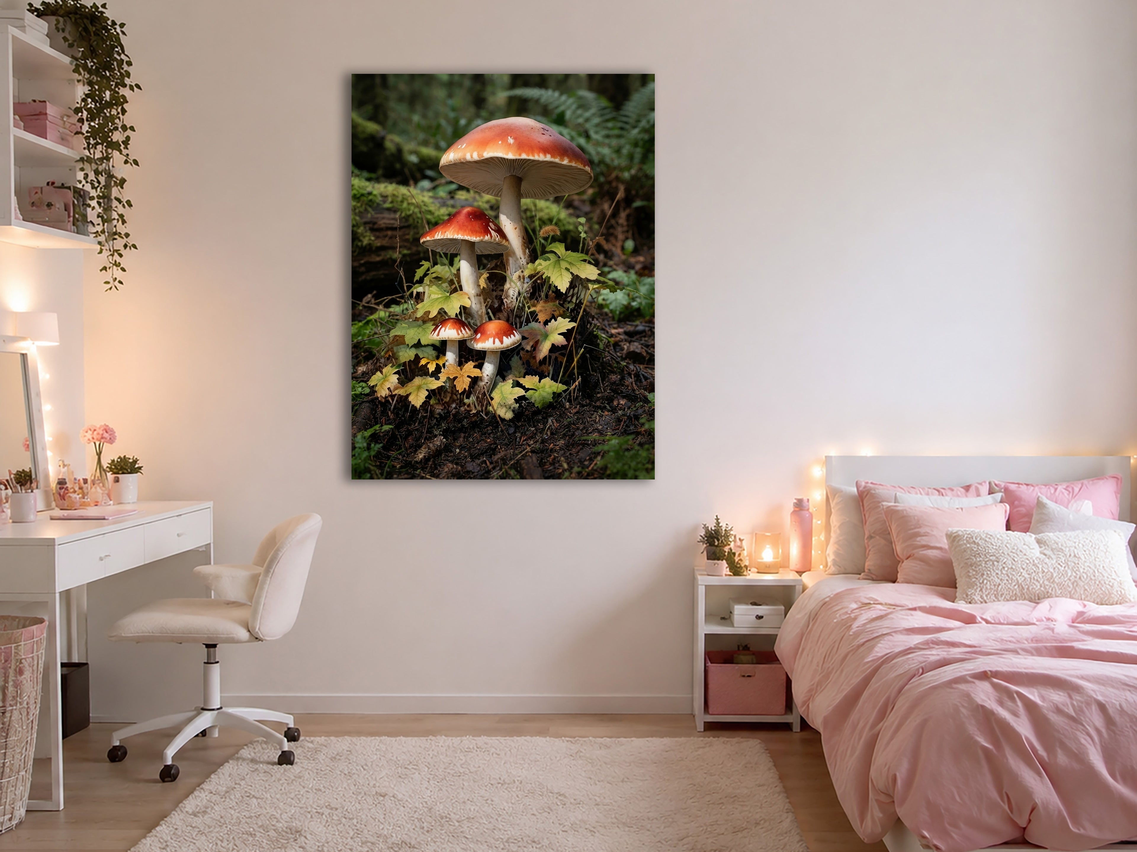 Wandbild Waldpilz Vier Pilze Herbstlaub Farne Waldboden Kunstdruck auf Leinwand