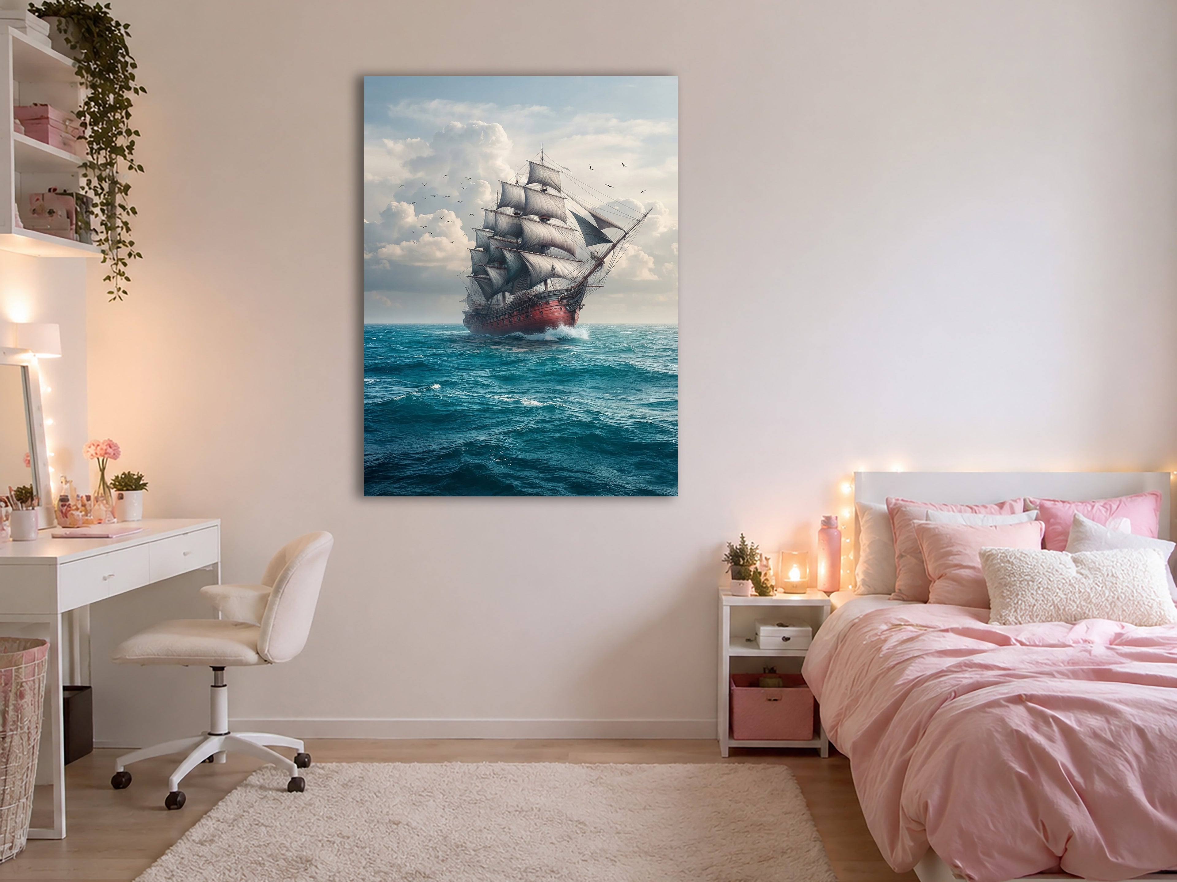 Wandbild Segelschiff Antik Roter Rumpf Volle Segel Möwen Kunstdruck auf Leinwand