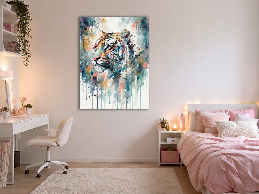 Wandbild Tiger Weißer Tiger Aquarell Farbspritzer Dschungel Kunstdruck auf Leinwand