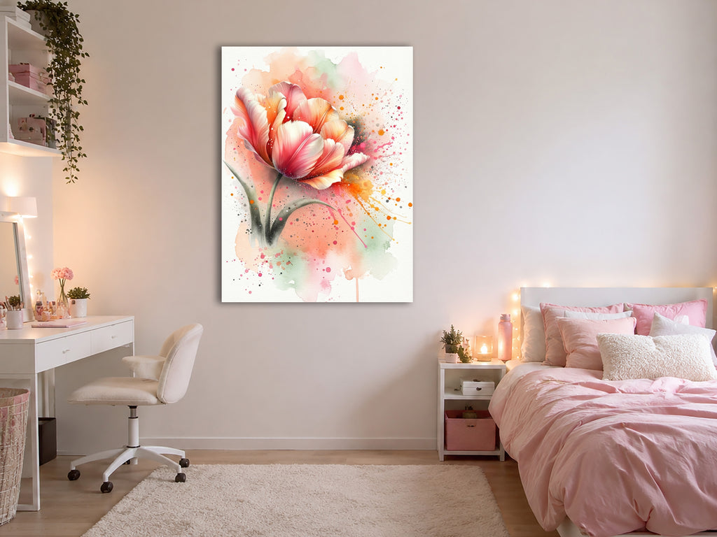 Wandbild Tulpe Aquarell Lachs Orange Rosa Farbspritzer Frühlingsblüte Kunstdruck auf Leinwand