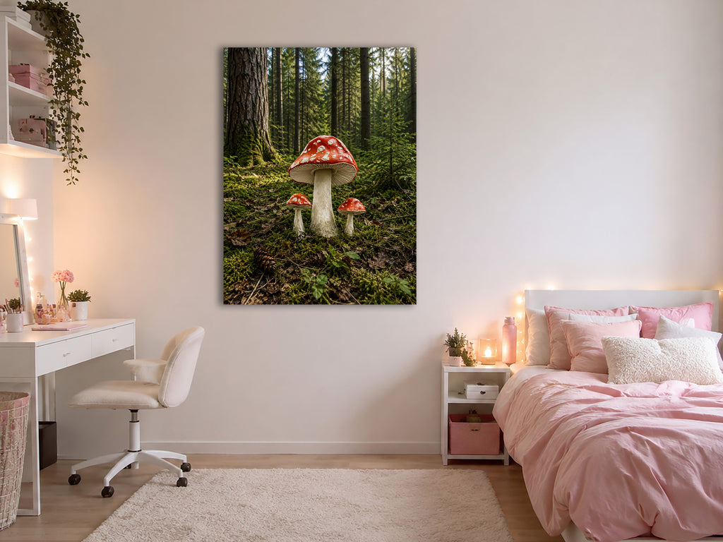 Wandbild Waldpilz Drei Fliegenpilze Moosiger Waldboden Nadelwald Kunstdruck auf Leinwand