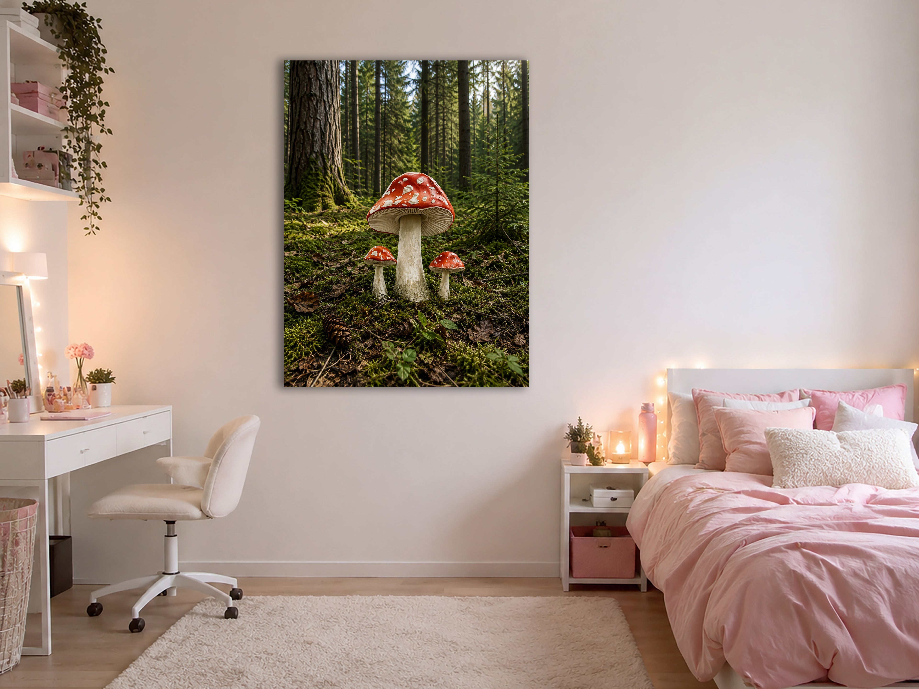 Wandbild Waldpilz Drei Fliegenpilze Moosiger Waldboden Nadelwald Kunstdruck auf Leinwand