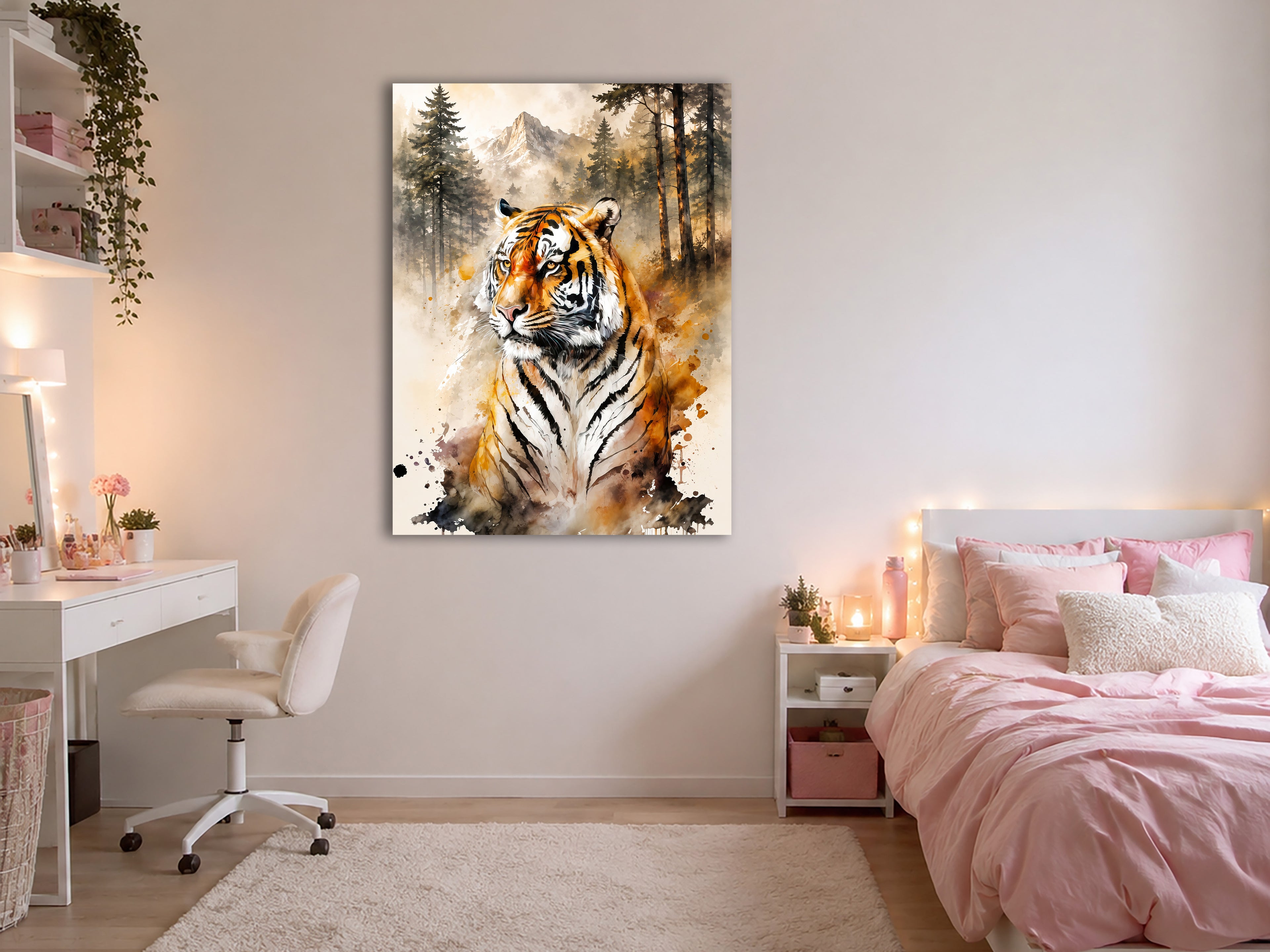 Wandbild Tiger Aquarell Nadelwald Bergkulisse Nr. 1 Kunstdruck auf Leinwand
