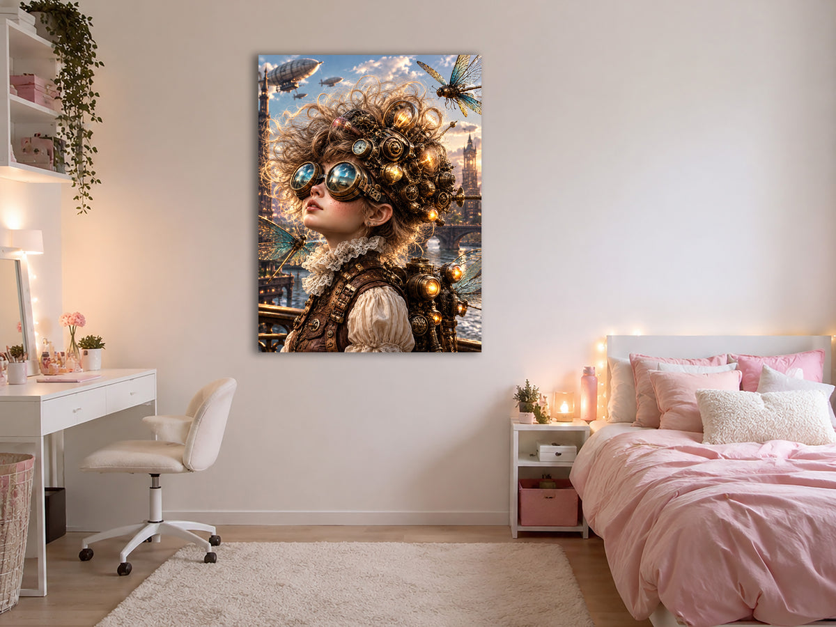 Steampunk Himmelsforscherin – Fantasie Wandbild fürs Kinderzimmer