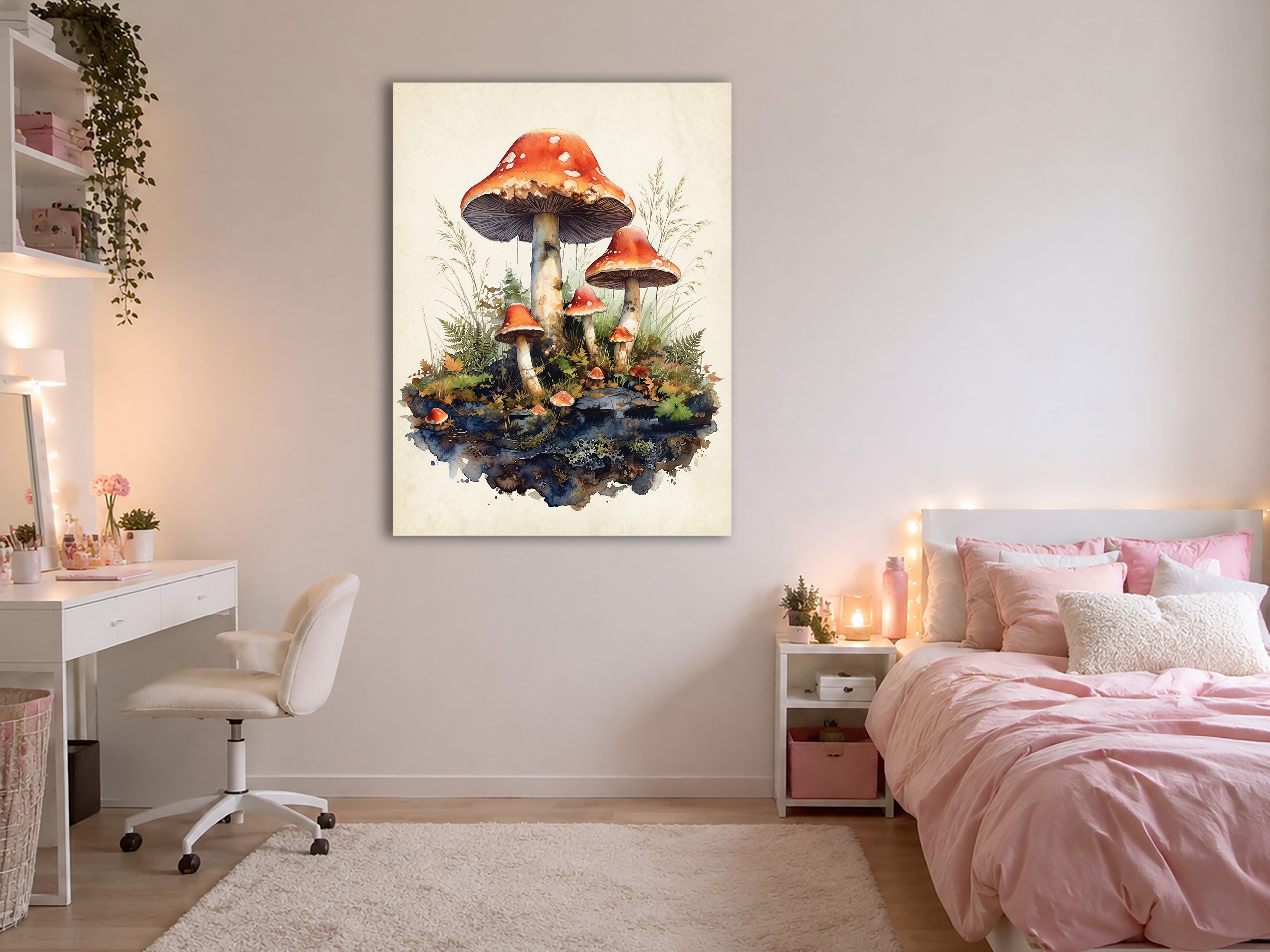 Wandbild Waldpilz Aquarell Fliegenpilze Gruppe Gräser Farne Beige Kunstdruck auf Leinwand