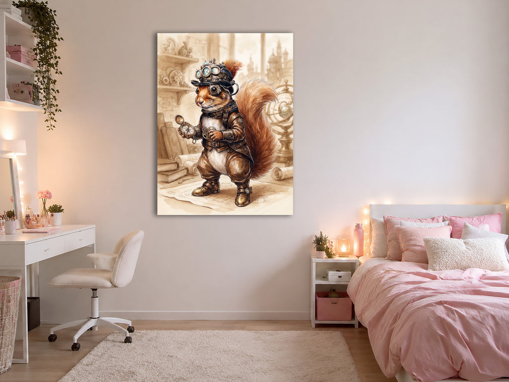 Wandbild Eichhörnchen Steampunk Abenteurer Kompass Aquarell Sepia Kunstdruck auf Leinwand