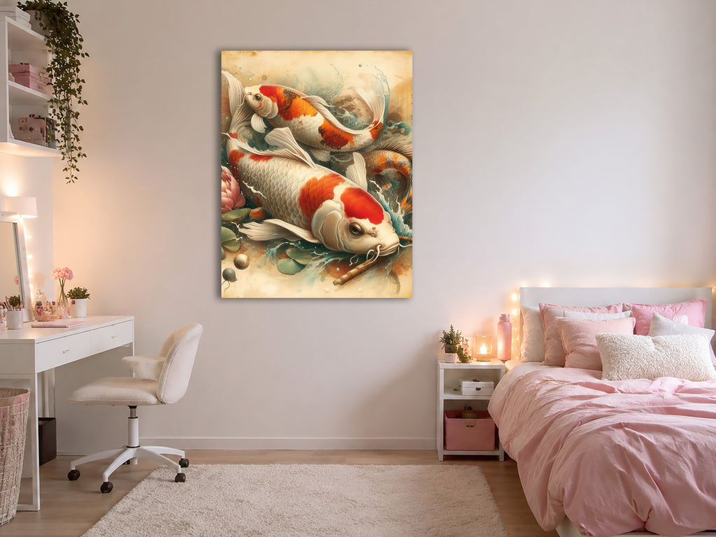 Wandbild Koi Karpfen Zwei Lotus Bambusstab Aquarell Vintage Kunstdruck auf Leinwand