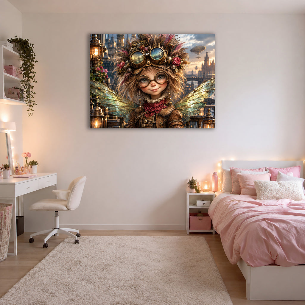 Steampunk Fee mit Fliegerbrille – Fantasie Wandbild für Mädchenzimmer