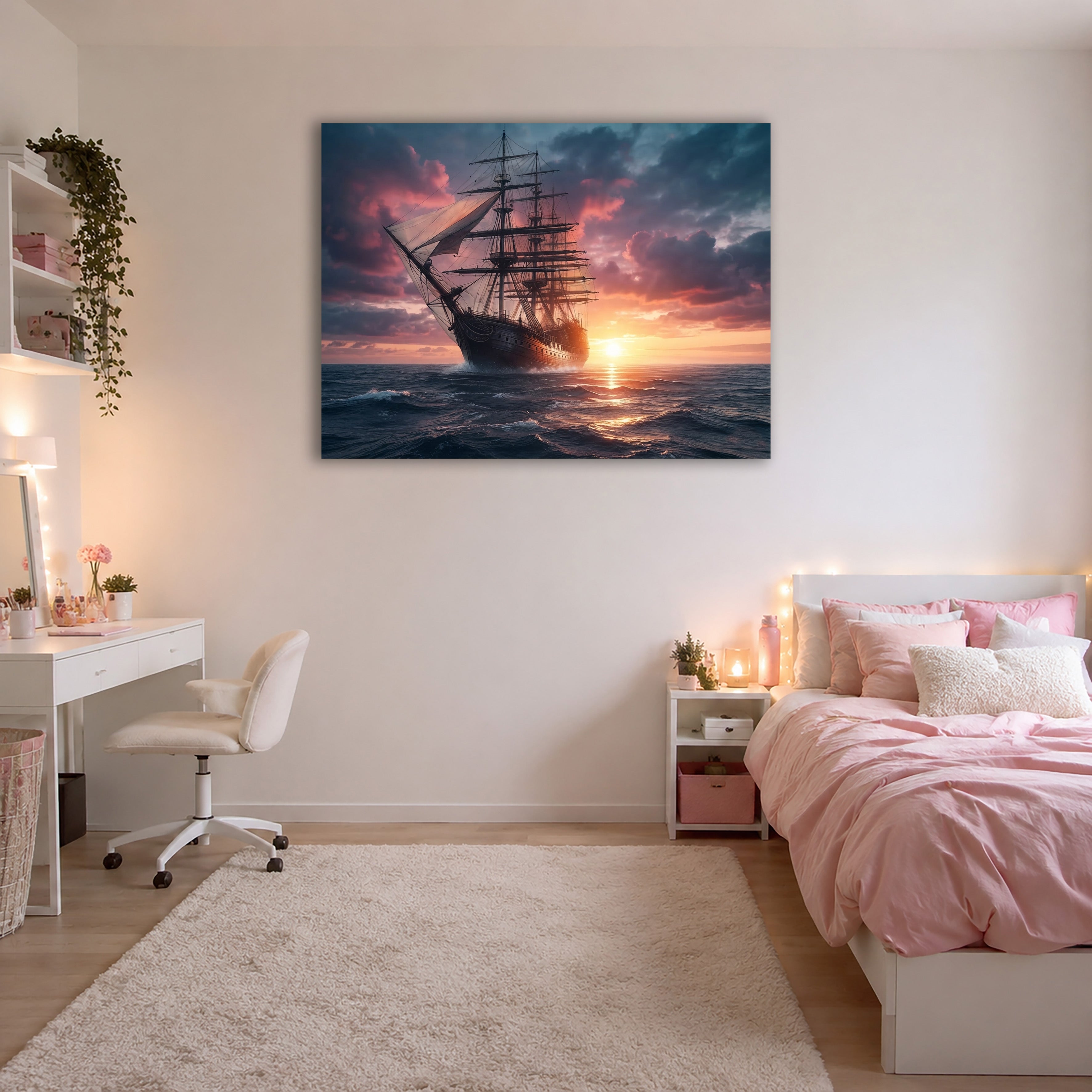 Wandbild Segelschiff Antik Vollschiff Sonnenuntergang Gegenlicht Dramatische Wolken Kunstdruck auf Leinwand