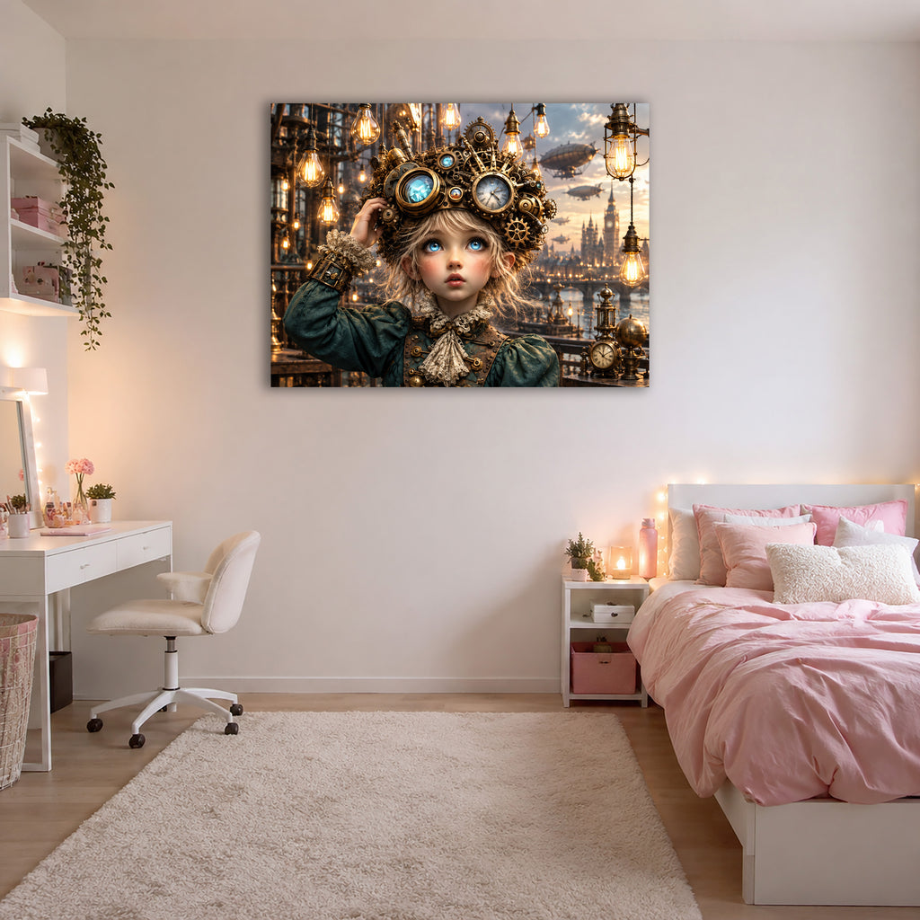 Kleine Steampunk-Erfinderin – Fantasie Wandbild fürs Kinderzimmer