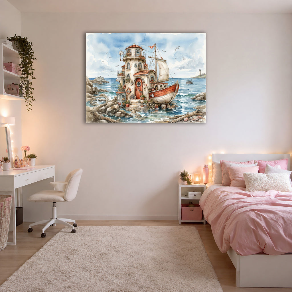 Hausboot Karikatur 1 Wandbild Kunstdruck auf Leinwand
