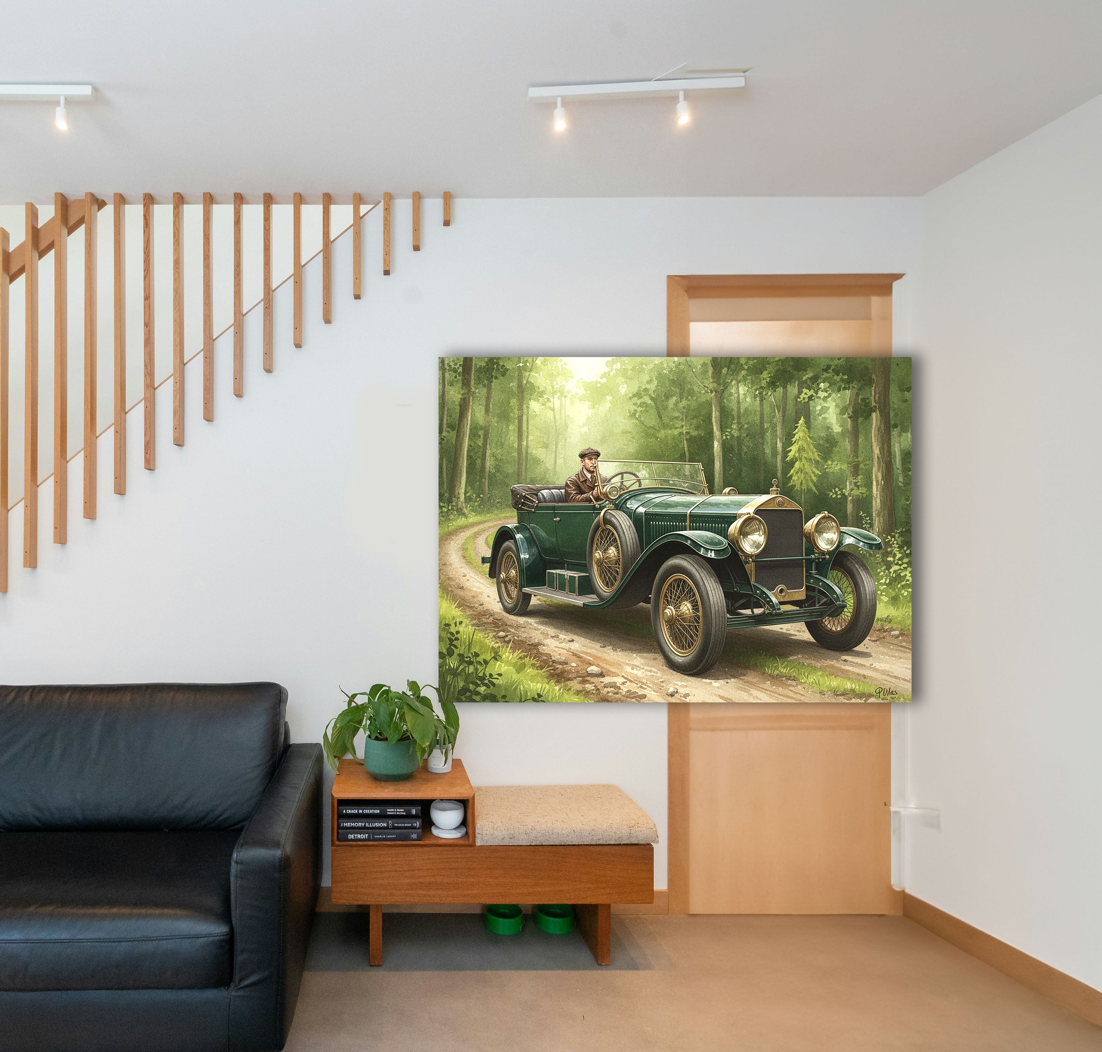 Wandbild Oldtimer Grüner Tourenwagen Fahrer Waldweg Sonnenlicht Kunstdruck auf Leinwand