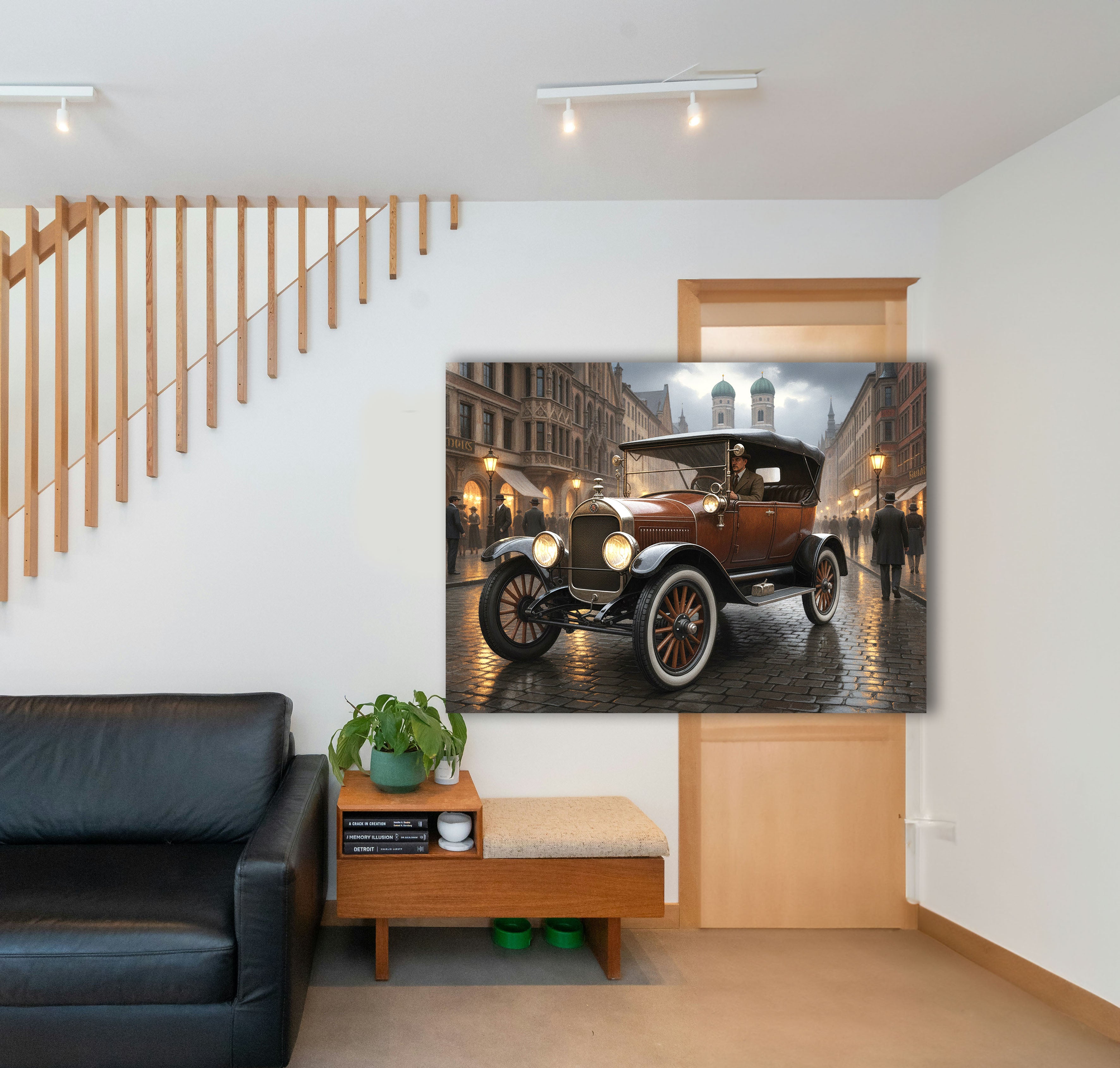 Wandbild Oldtimer Brauner Tourenwagen Fahrer München Frauenkirche Kaiserzeit Kunstdruck auf Leinwand