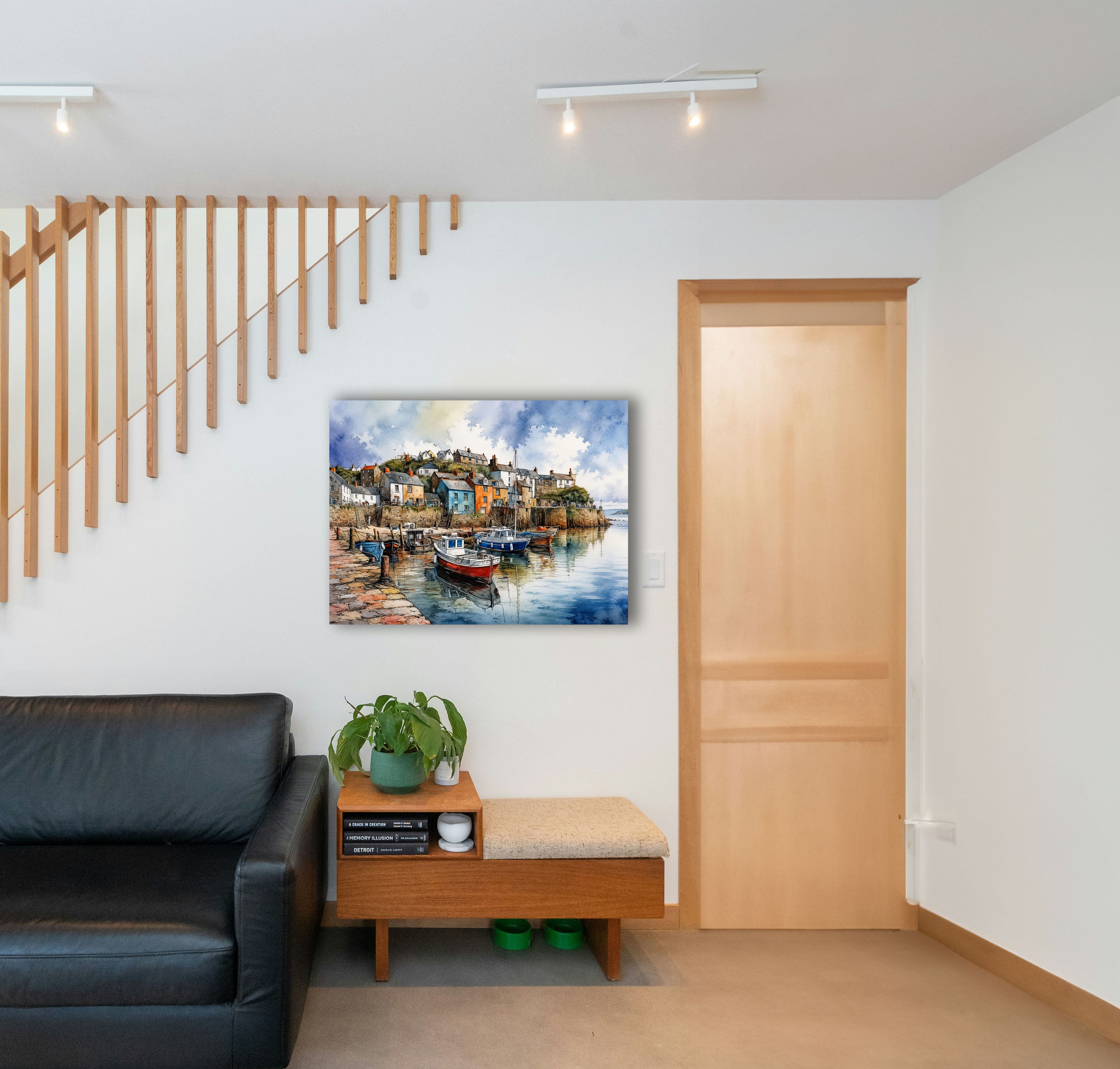 Wandbild Fischerboot Hafen Aquarell Bunte Häuser Kopfsteinpflaster Kunstdruck auf Leinwand