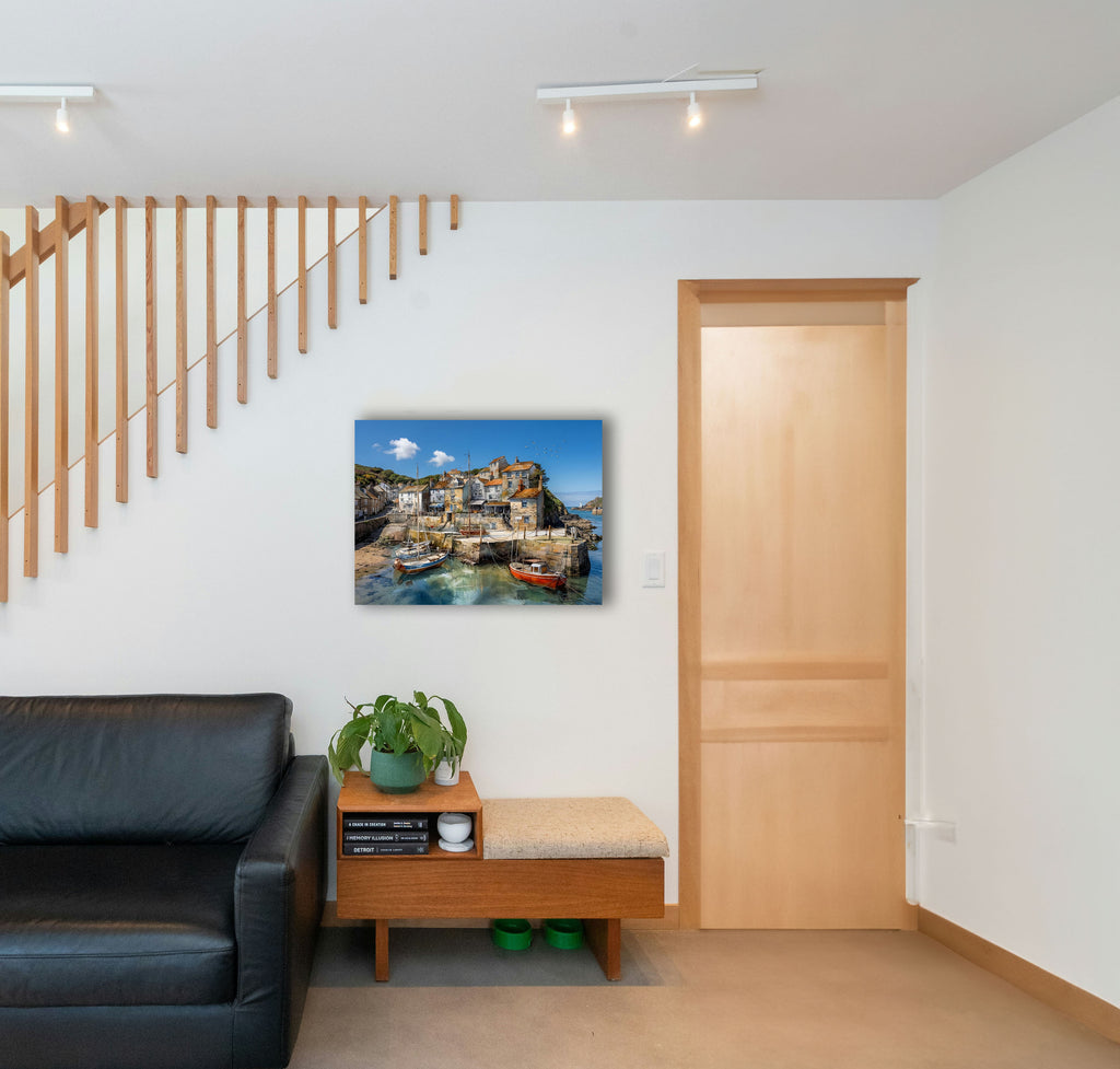 Wandbild Fischerboot Hafen Segelboot Felsvorsprung Leuchtturm Türkises Wasser Kunstdruck auf Leinwand
