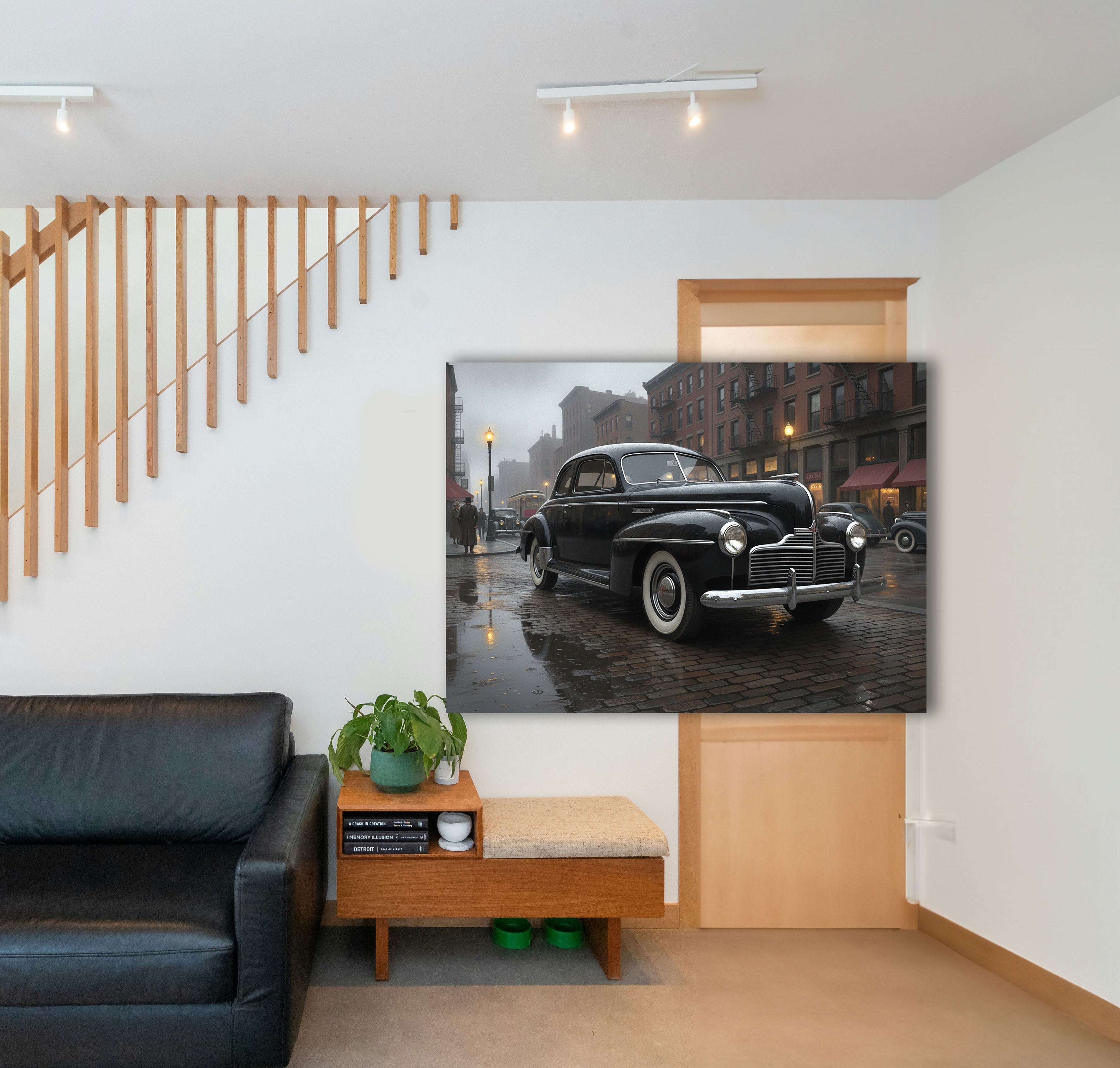 Wandbild Oldtimer Schwarzer Coupé Film Noir Regennacht New York Kopfsteinpflaster Kunstdruck auf Leinwand