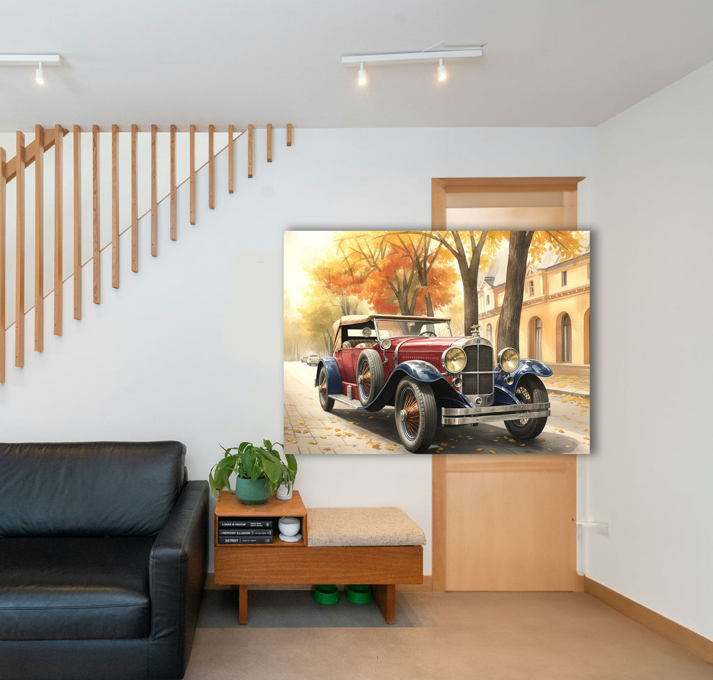 Wandbild Oldtimer Roter Cabriolet Zweifarbig Aquarell Herbstallee Kunstdruck auf Leinwand