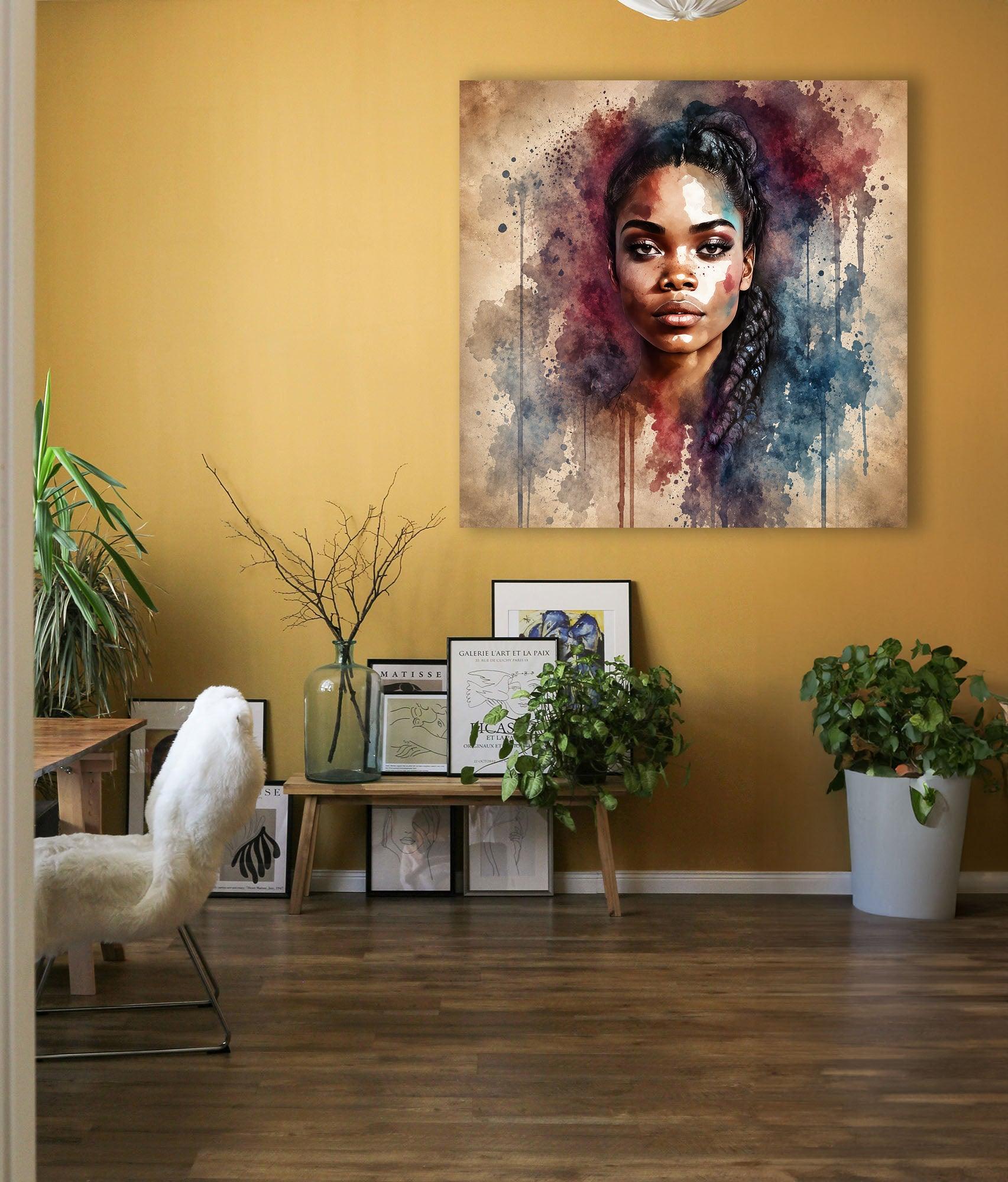 Afrikanerin Nr. 5 – Portrait mit Zöpfen Aquarell Kunstdruck auf Leinwand