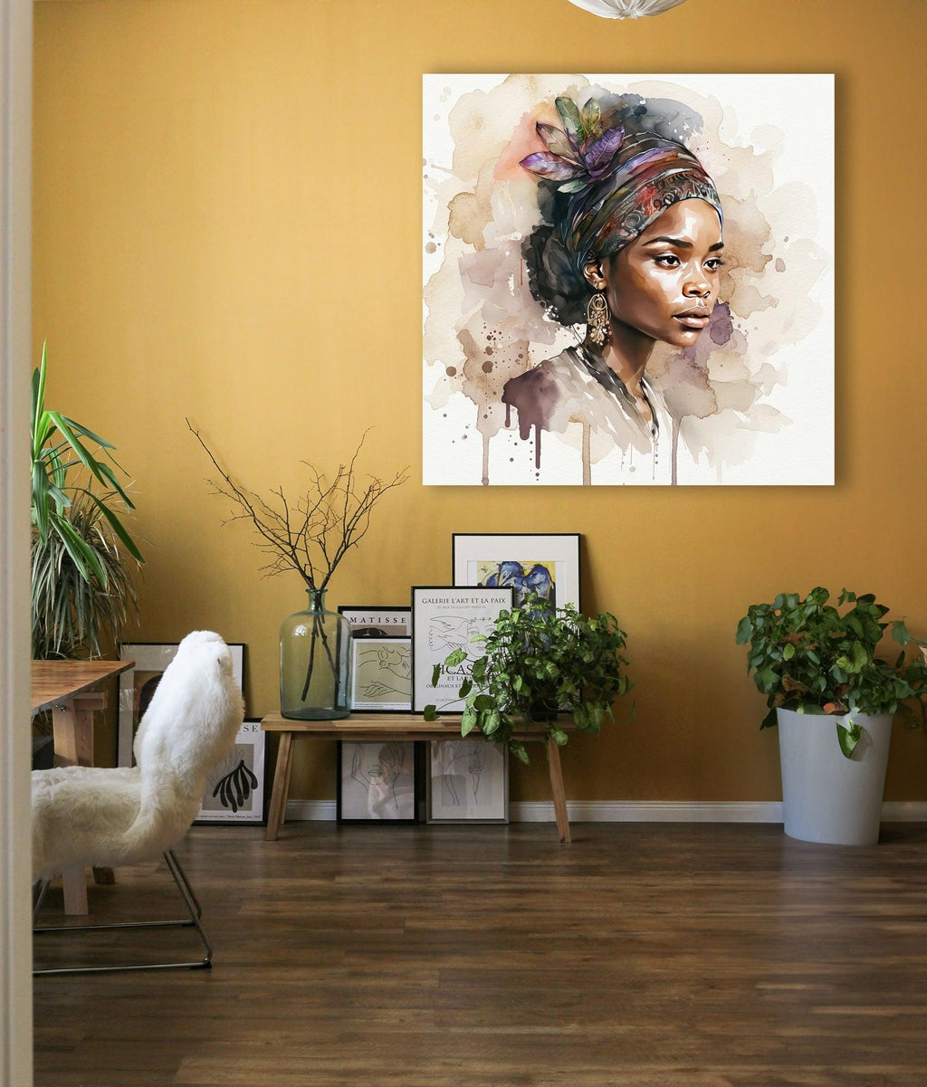 Afrikanerin Nr. 10 – Portrait mit Turban und Blattschmuck Aquarell Kunstdruck auf Leinwand