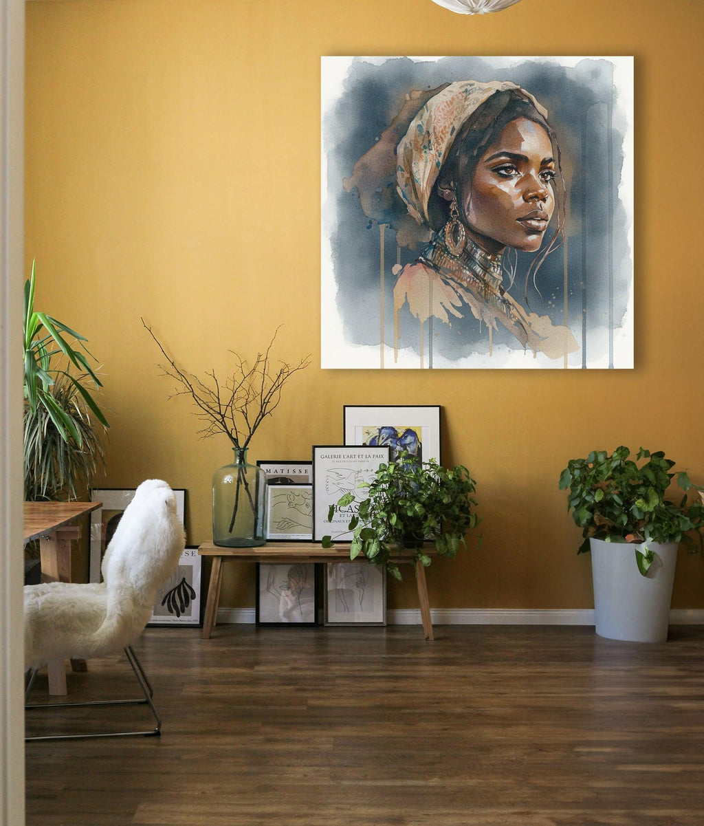 Afrikanerin Portrait mit Kopftuch, Creolen und Halsschmuck Aquarell