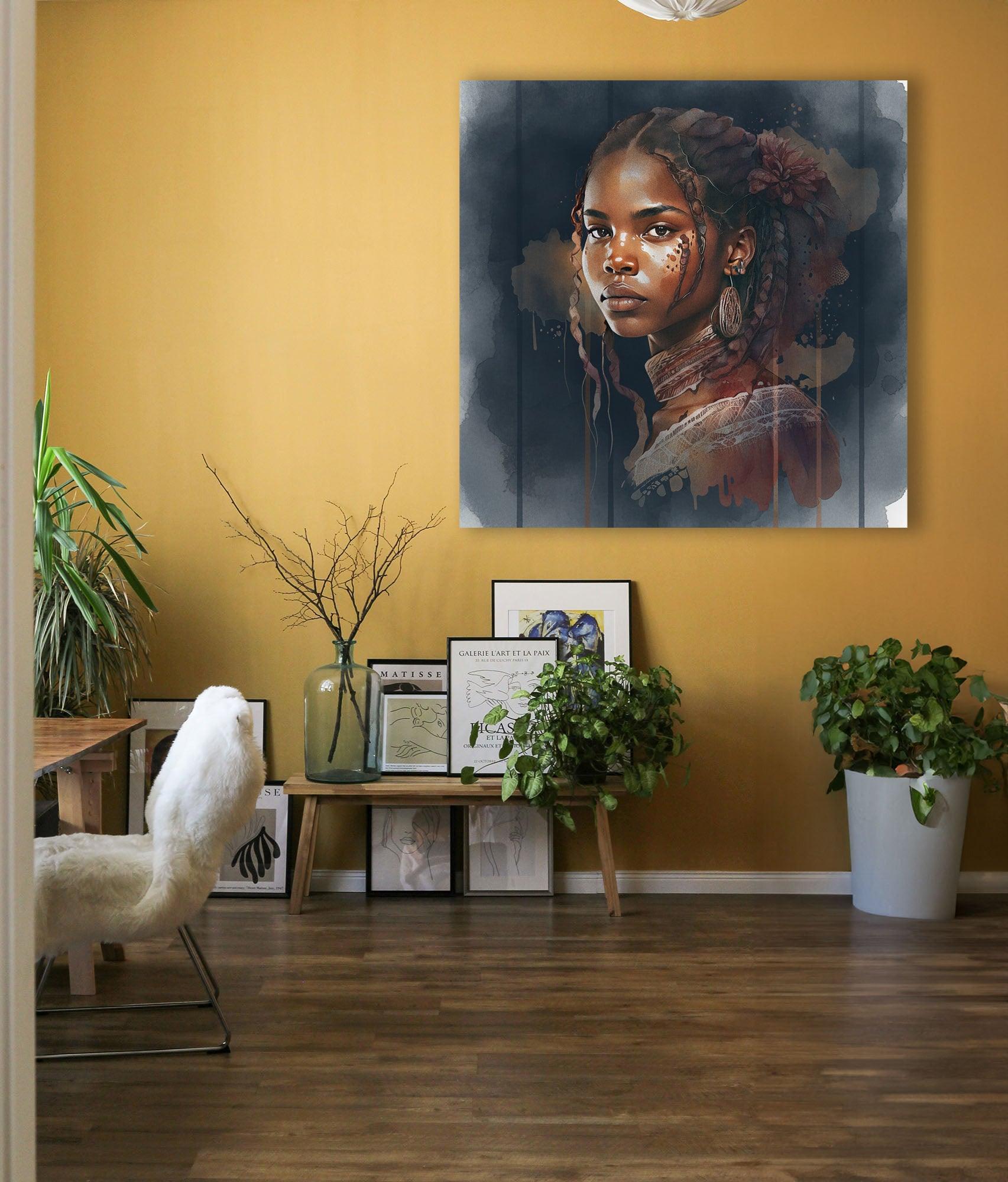 Afrikanerin Portrait mit Zöpfen, Blume und Creolen Aquarell