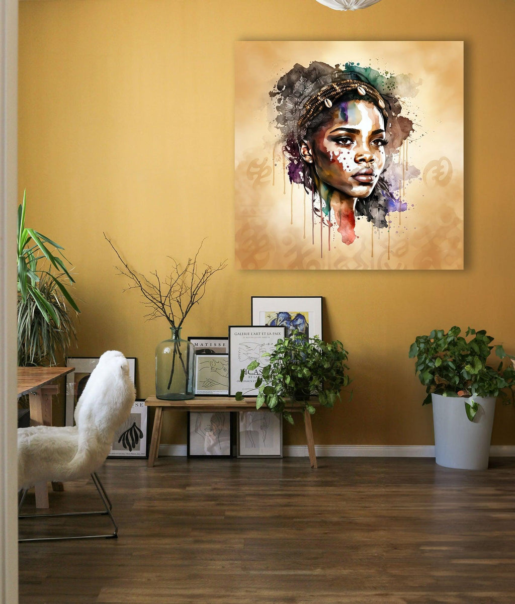 Afrikanerin Nr. 4 – Portrait mit Kaurimuscheln Aquarell Kunstdruck auf Leinwand
