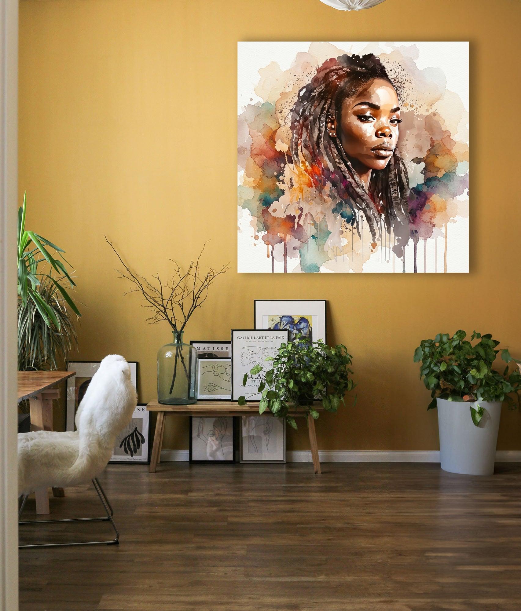 Afrikanerin Nr. 7 – Portrait mit Dreadlocks Aquarell Kunstdruck auf Leinwand