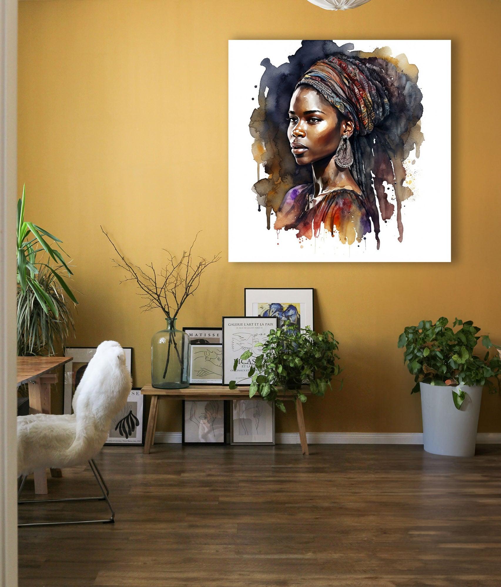 Afrikanerin Portrait mit buntem Turban und Creolen Aquarell