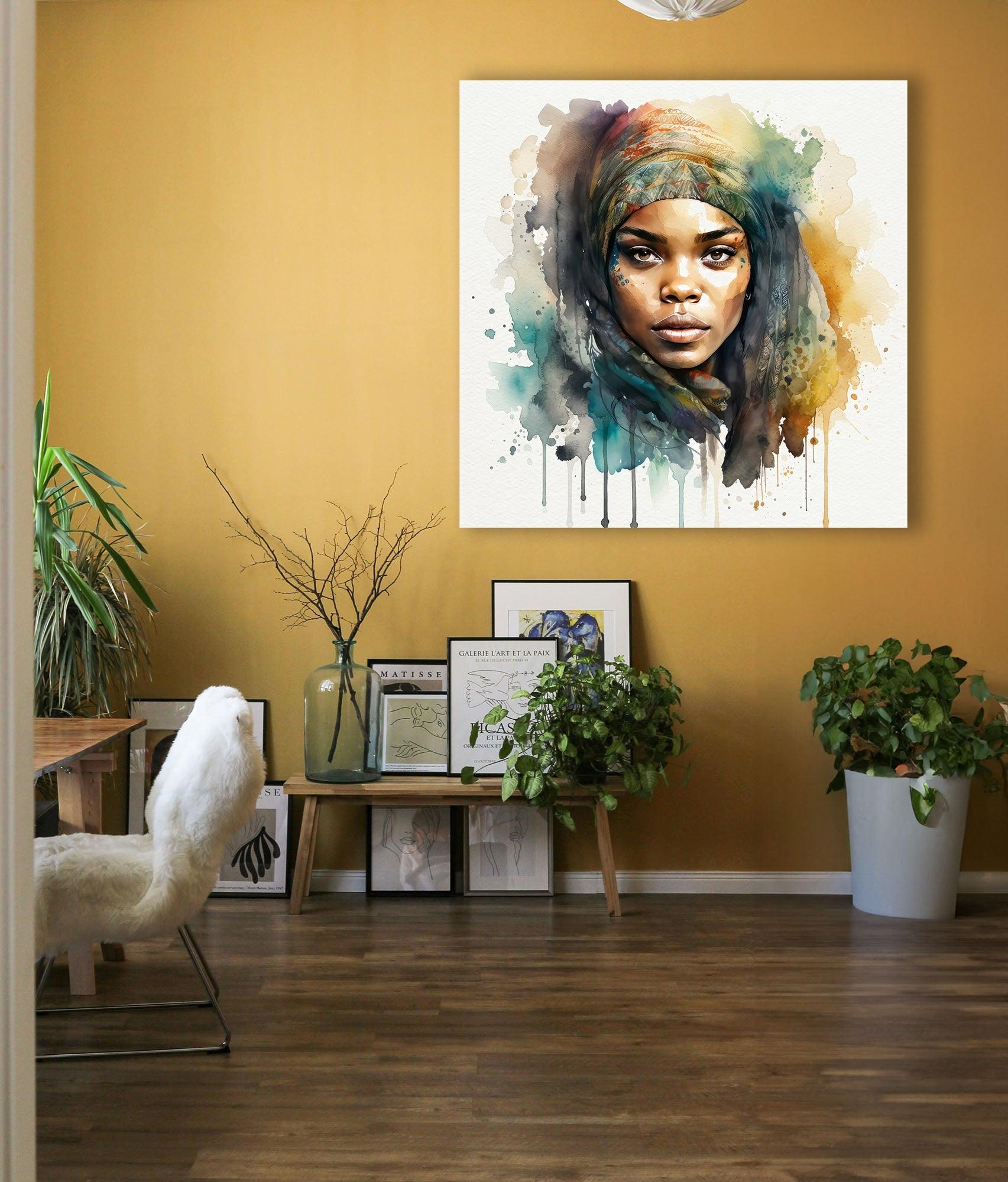Afrikanerin Nr. 9 – Portrait mit gemustertem Stirnband Aquarell Kunstdruck auf Leinwand