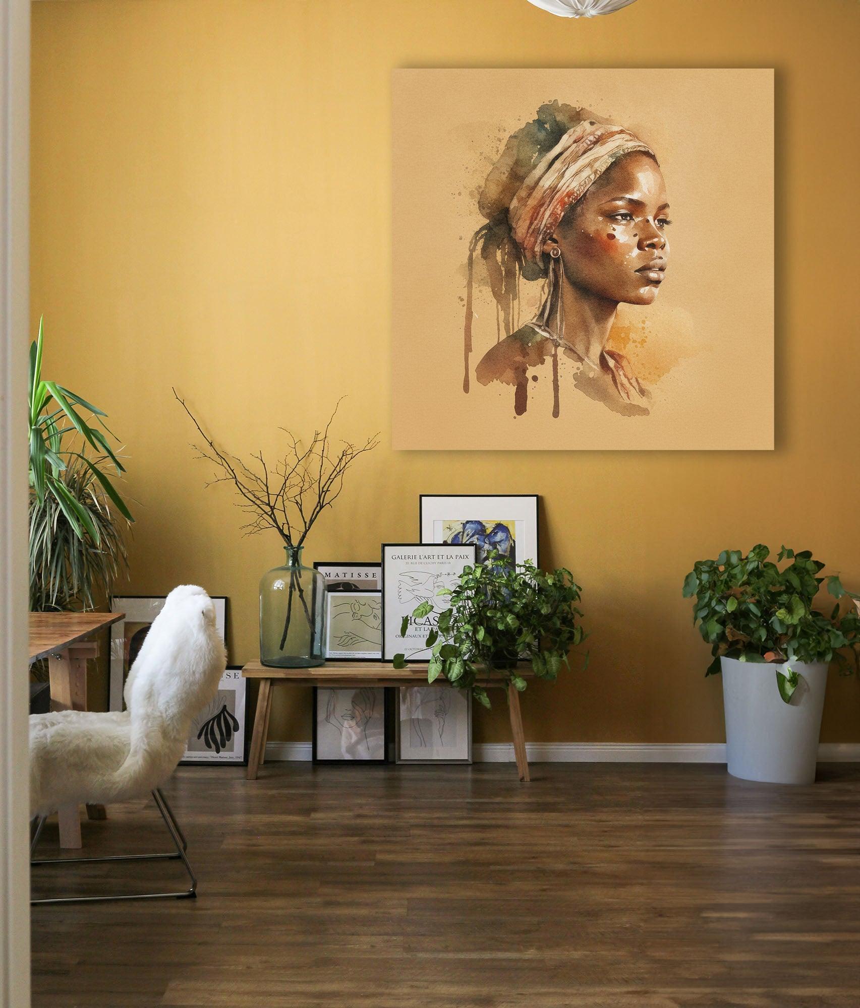 Wandbild Afrikanerin Portrait im Profil mit Kopftuch und Ohrringen