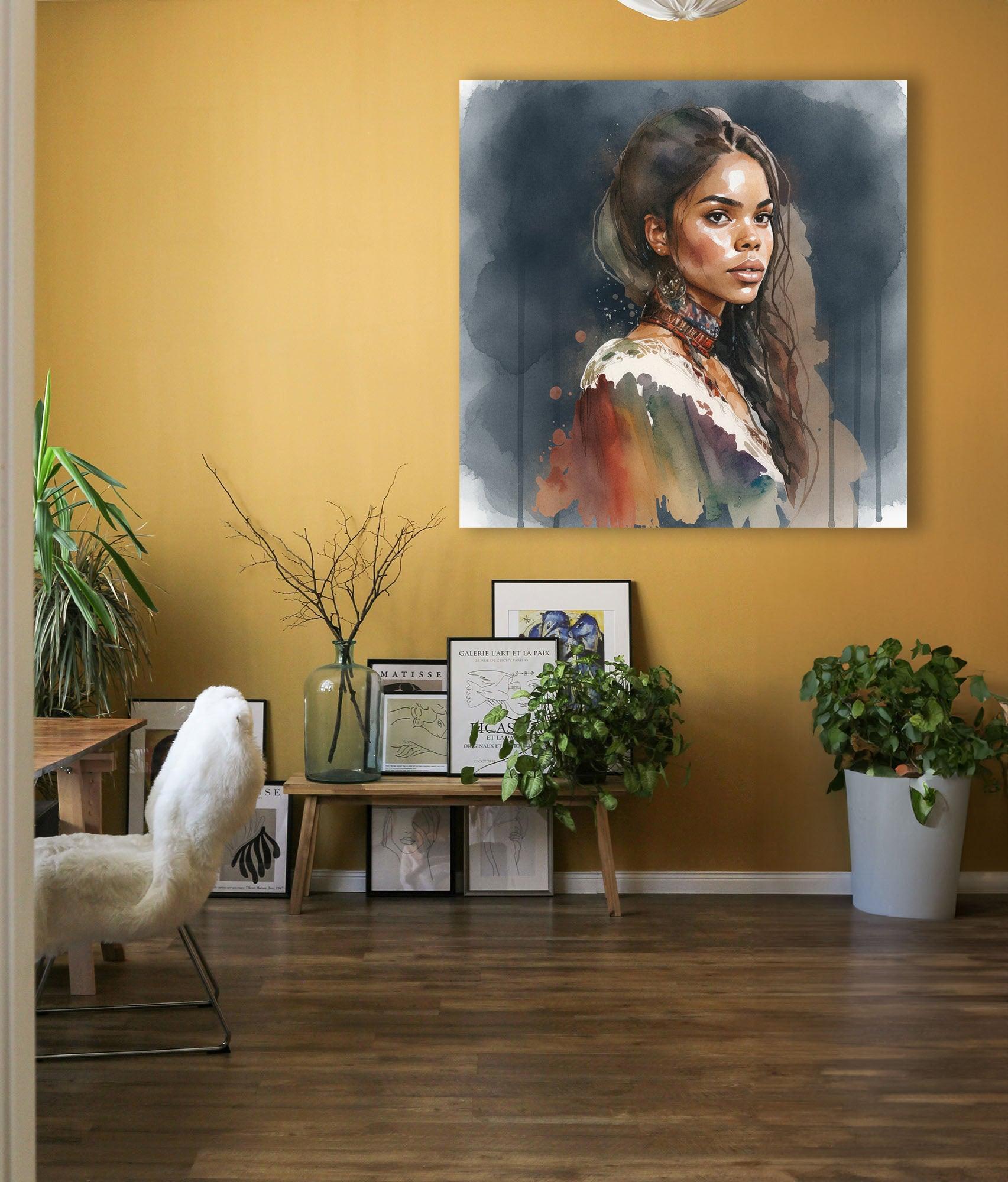 Afrikanerin Portrait mit offenem Haar und Halsband Aquarell