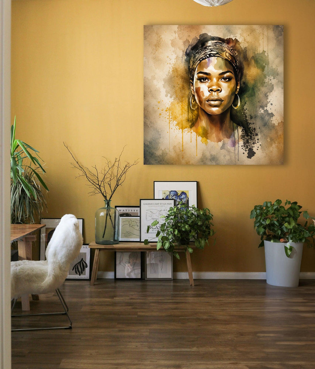 Afrikanerin Nr. 3 – Portrait mit Kopftuch Aquarell Kunstdruck auf Leinwand