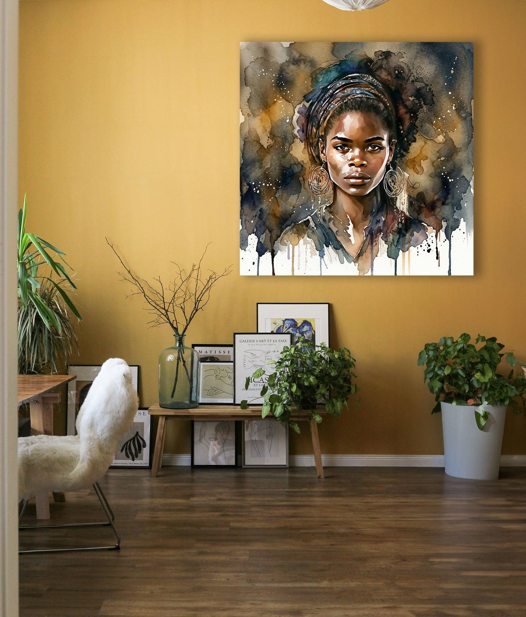 Afrikanerin Nr. 12 – Portrait mit Goldcreolen Aquarell Kunstdruck auf Leinwand