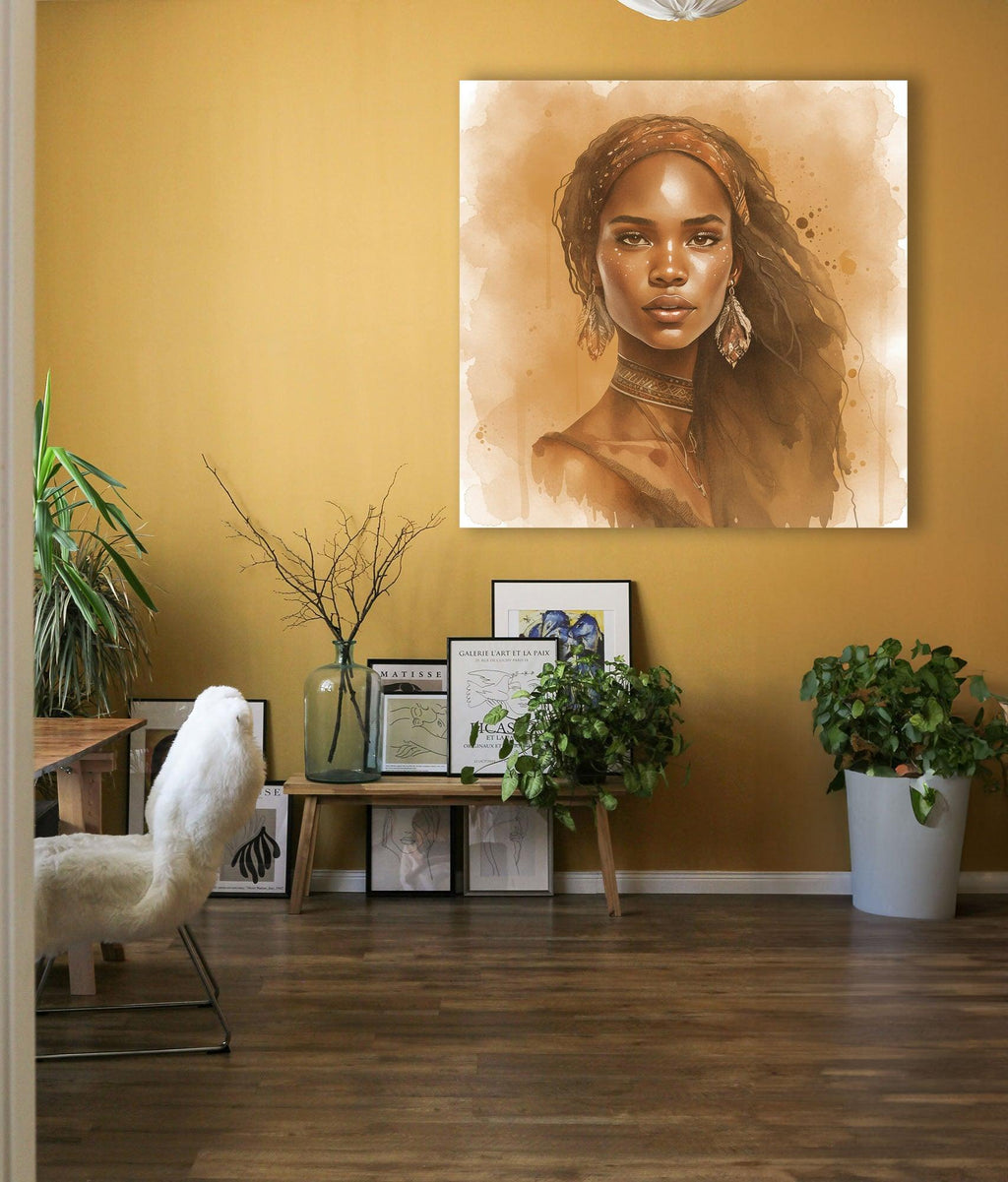 Wandbild Afrikanerin Portrait mit Federohrrringen und Choker