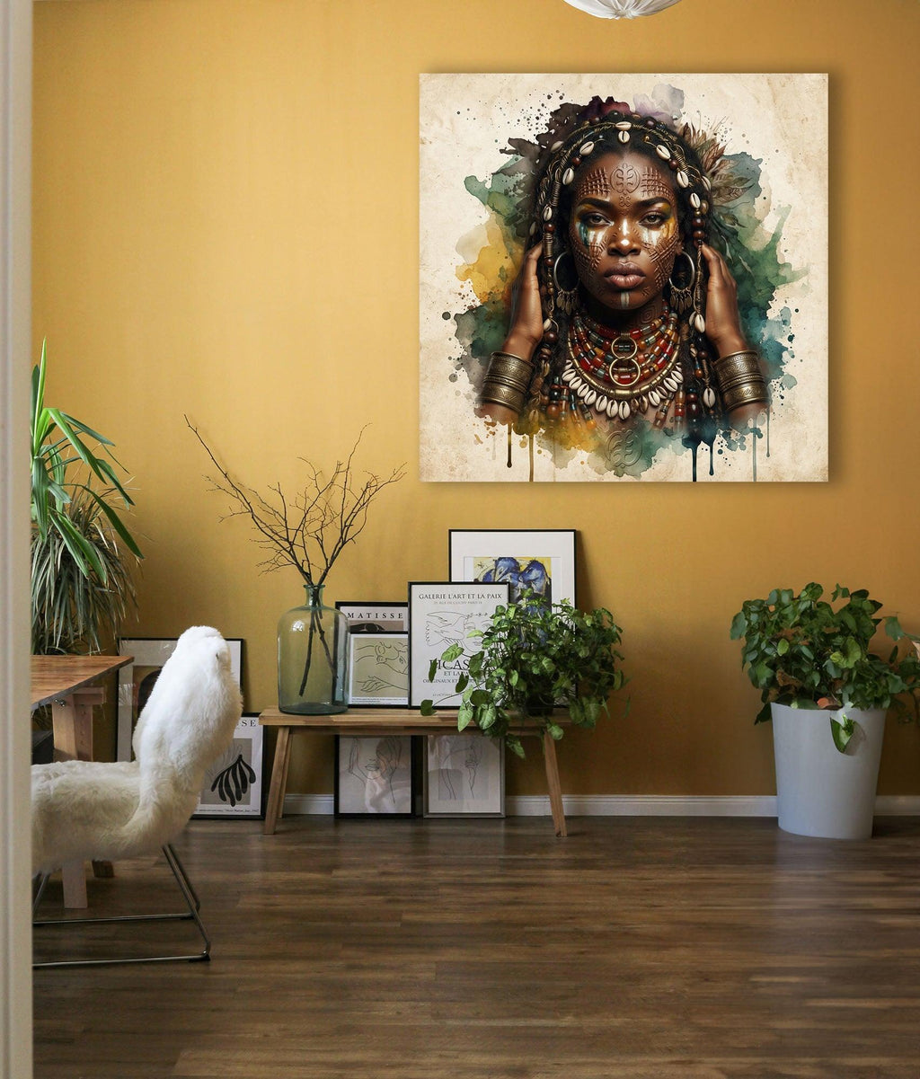 Afrikanerin Nr. 6 – Stammeskönigin mit Schmuck Aquarell Kunstdruck auf Leinwand
