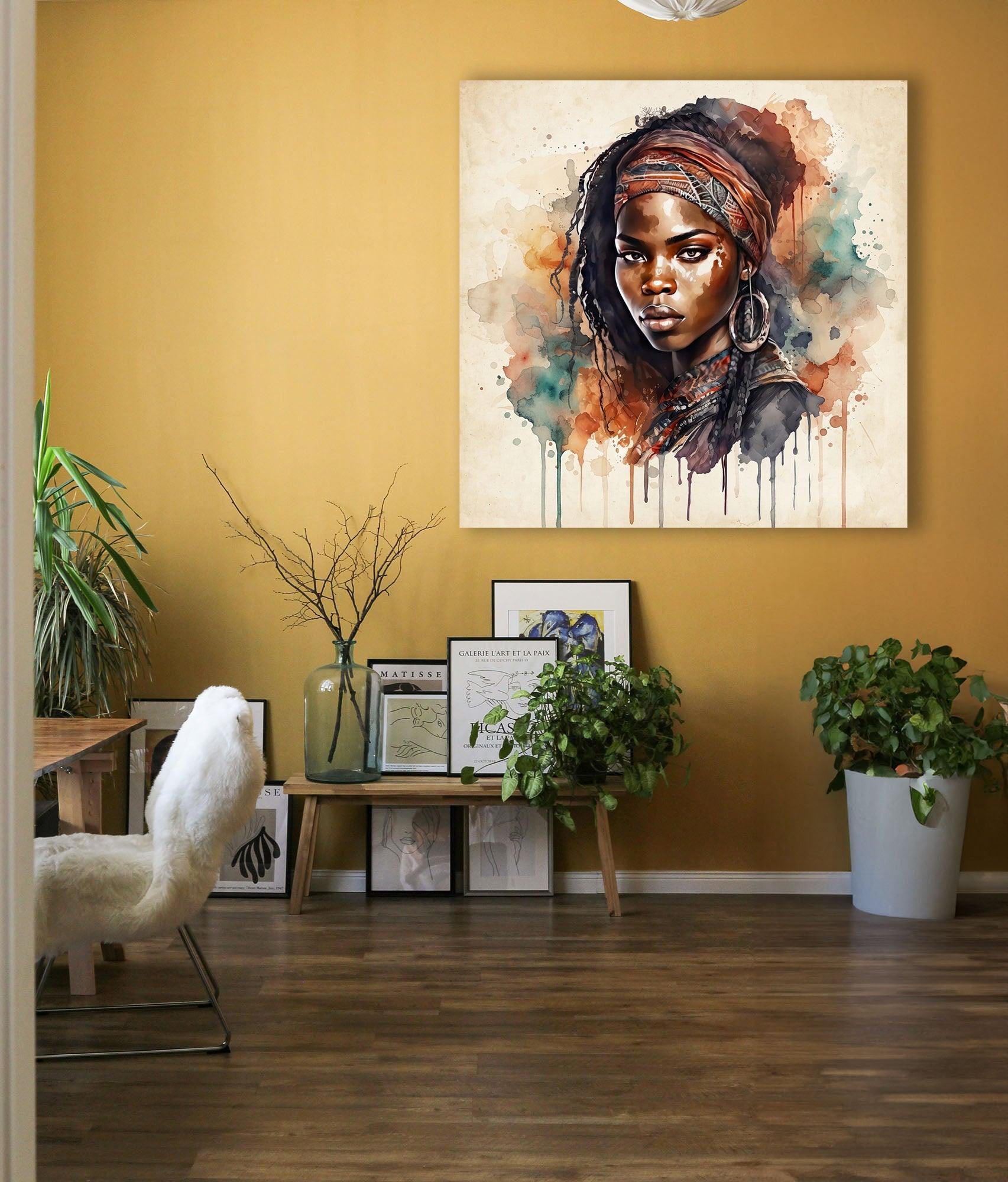 Afrikanerin Nr. 8 – Portrait mit Stirnband und Creolen Aquarell Kunstdruck auf Leinwand
