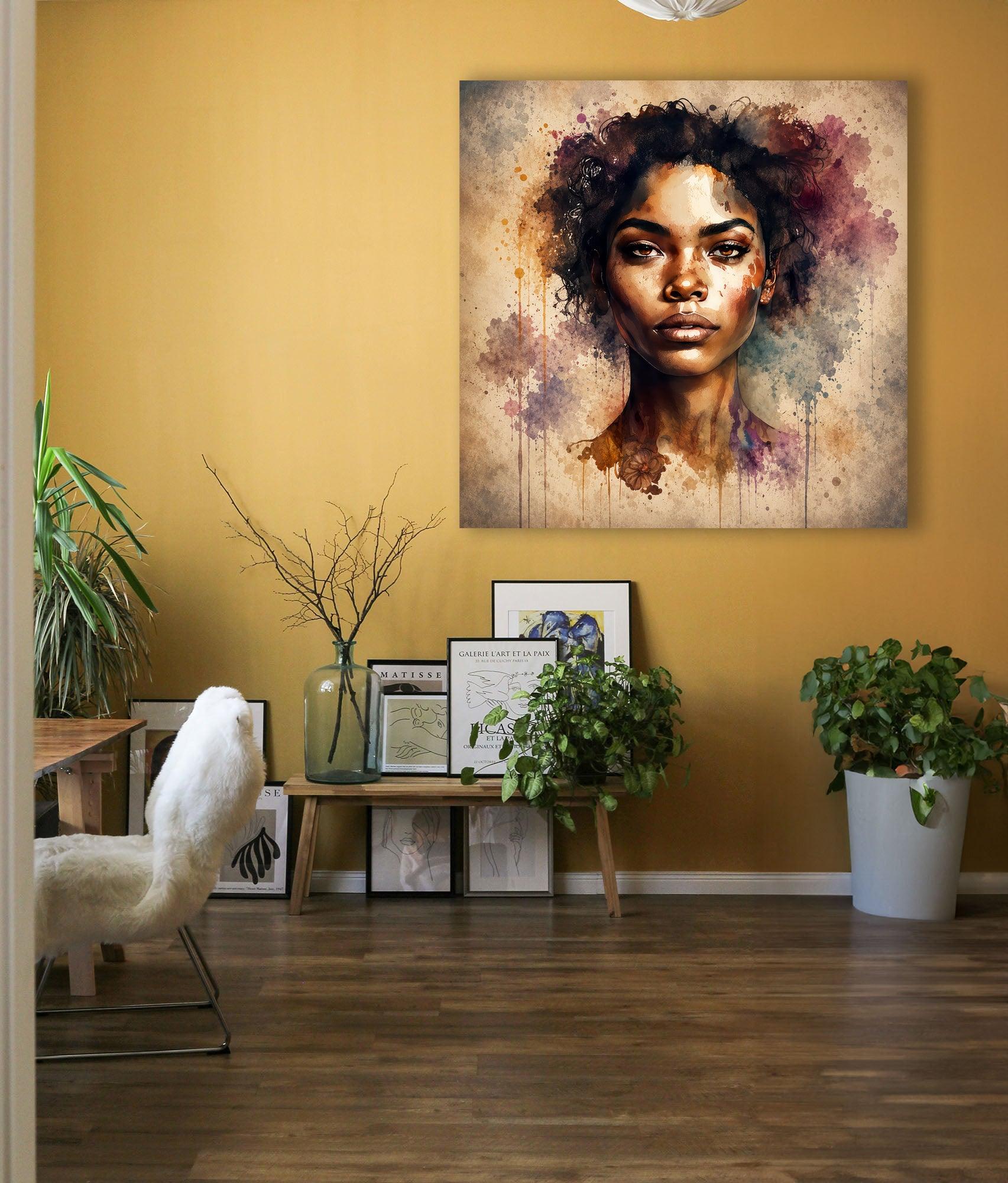 Afrikanerin Nr. 2 – Portrait mit Locken Aquarell Kunstdruck auf Leinwand