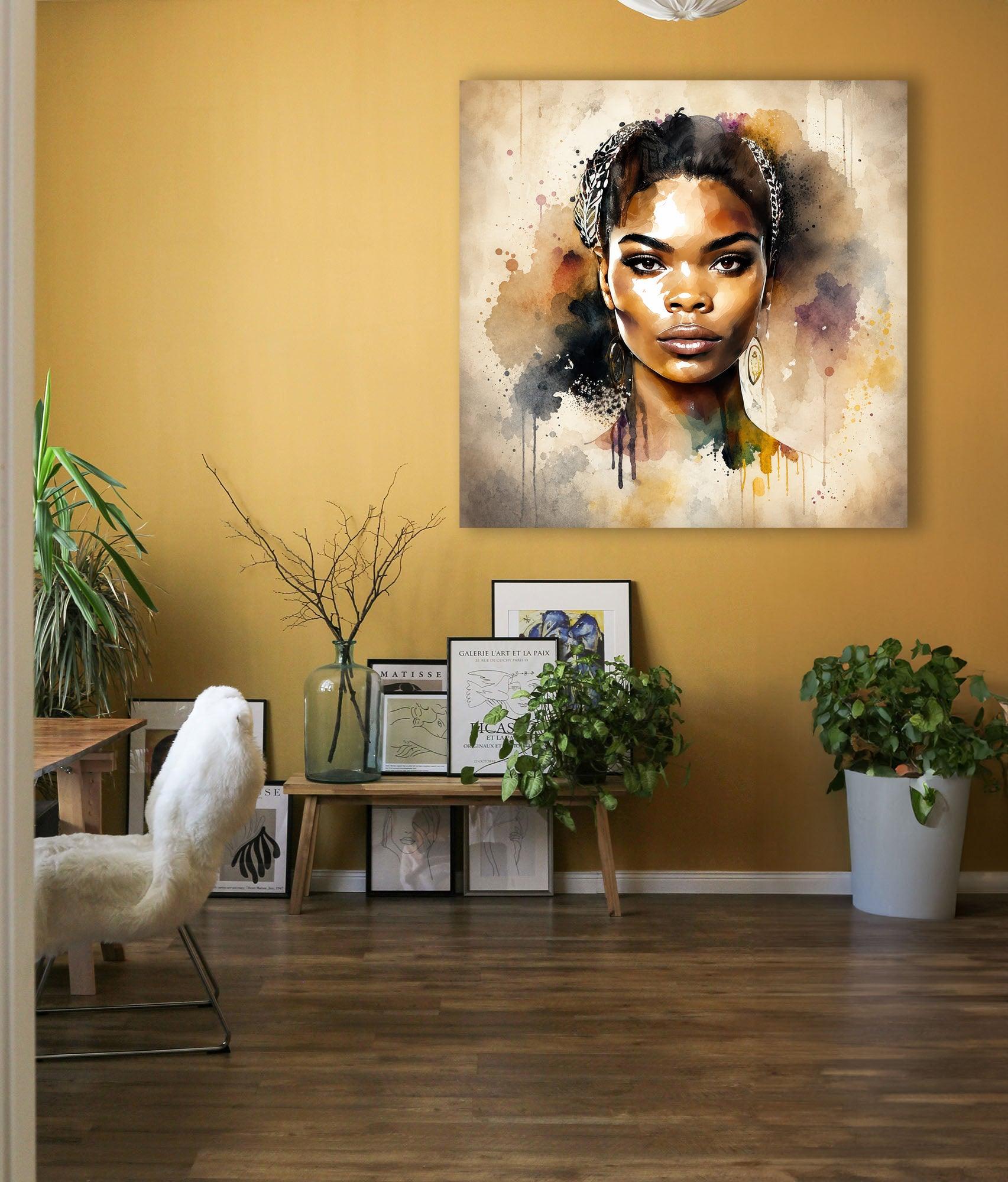 Afrikanerin Nr. 1 – Portrait mit Haarschmuck Aquarell Kunstdruck auf Leinwand