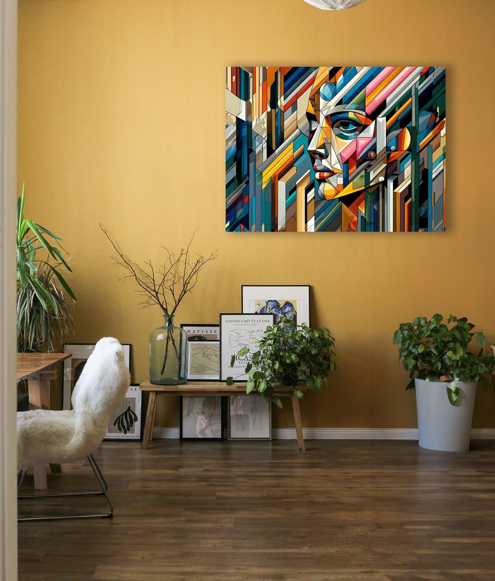 Wandbild Kubistisches Gesicht in Farben Picasso Style Kunstdruck auf Leinwand